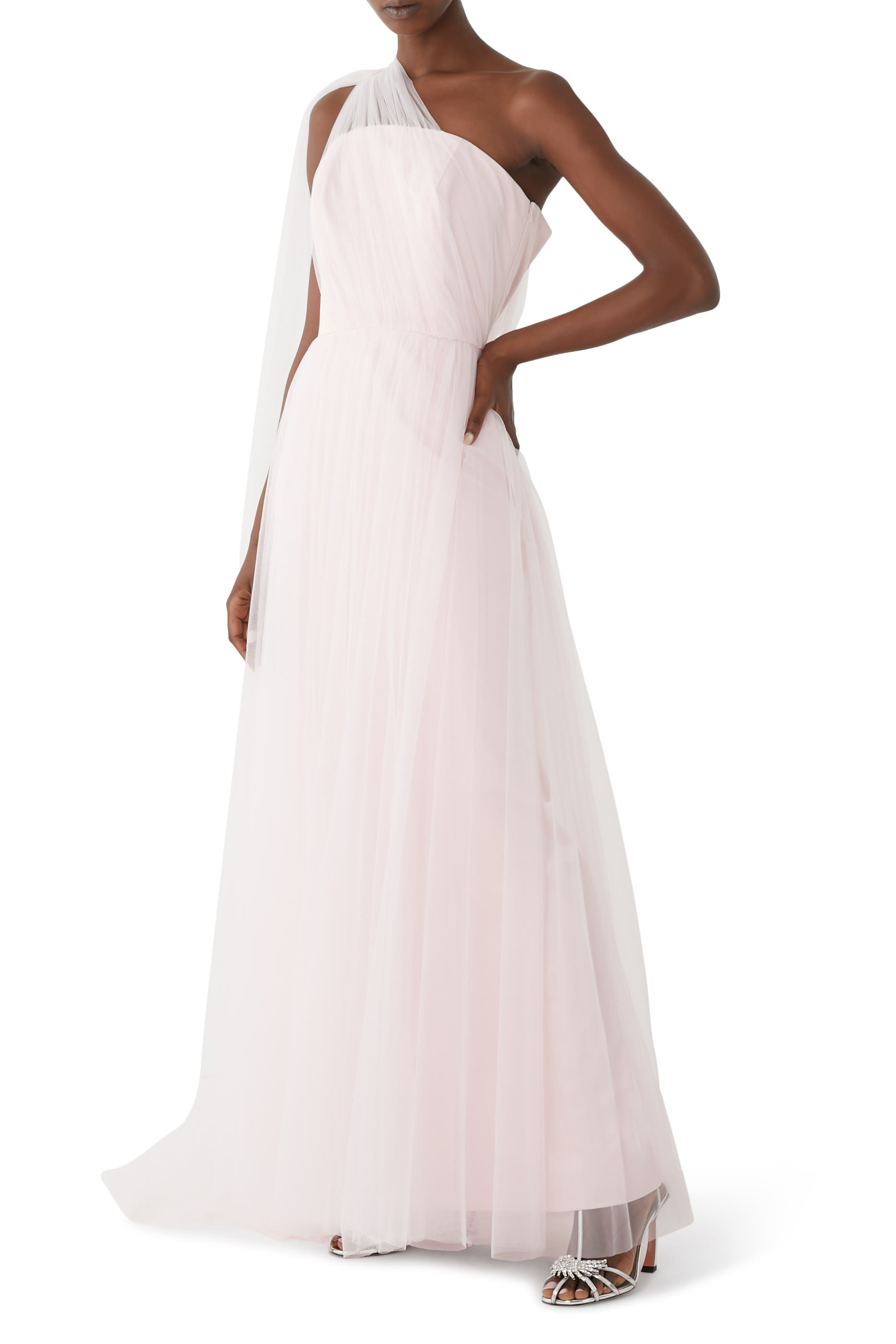 Asymmetrical Tulle Draped Gown with Side Train