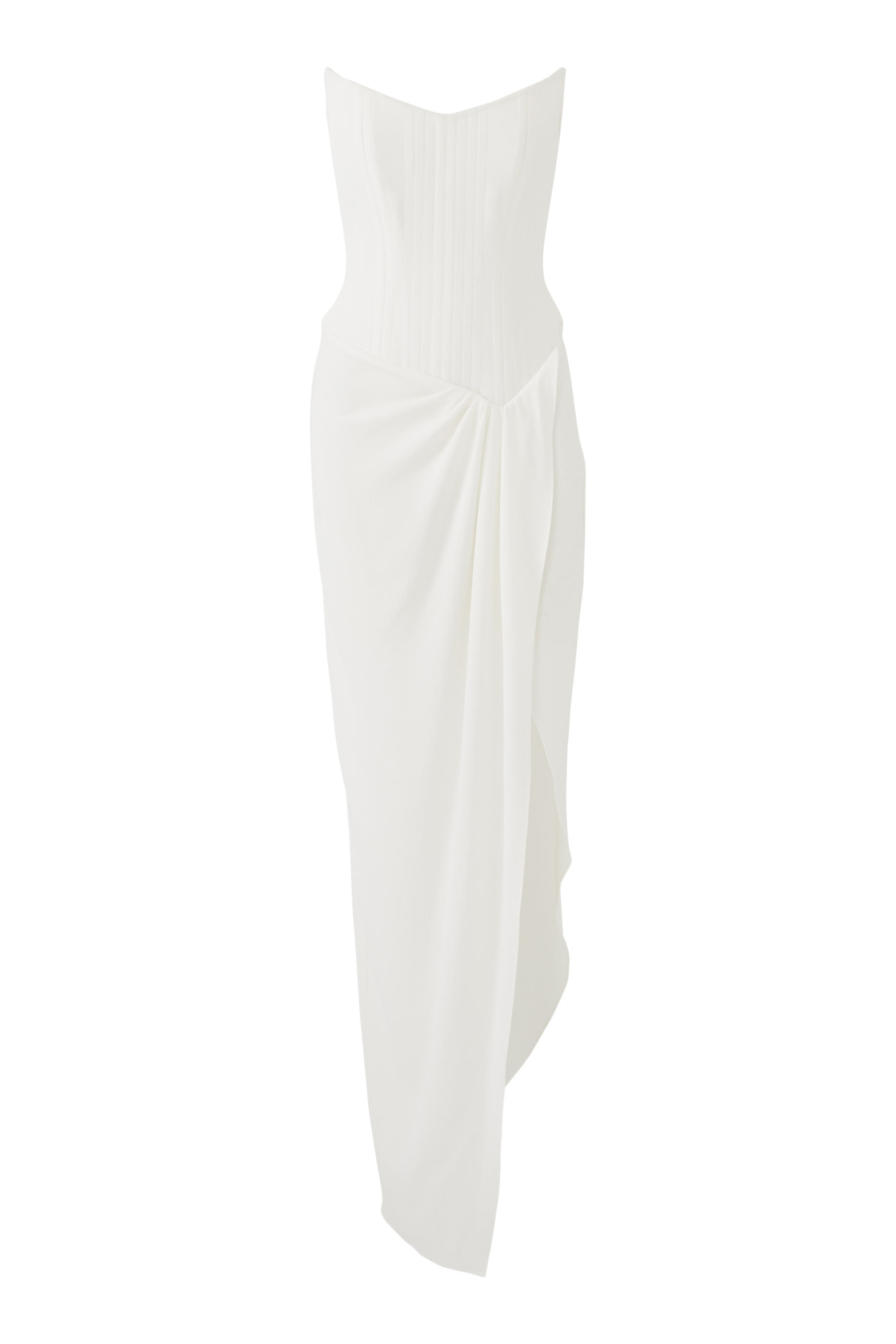 Strapless Corset Asymmetrical Longline Drape Gown in Crepe