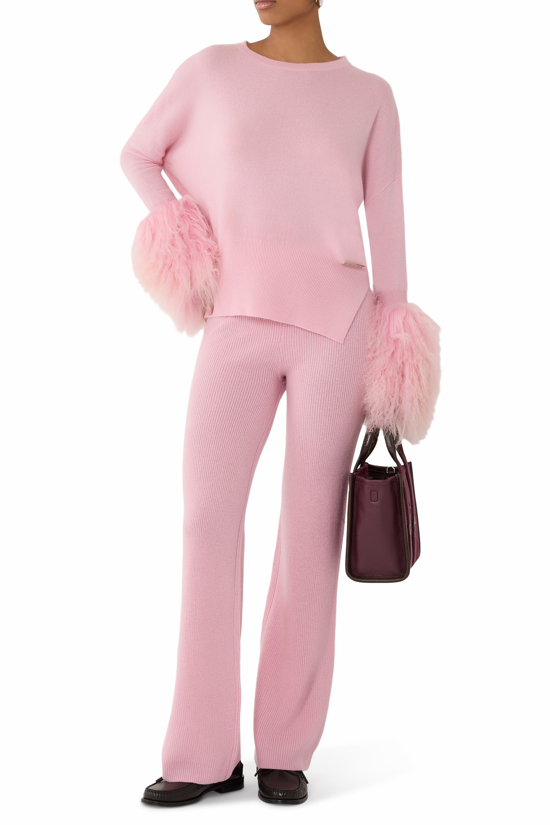 Shearling Cuff Round Neck Sweater