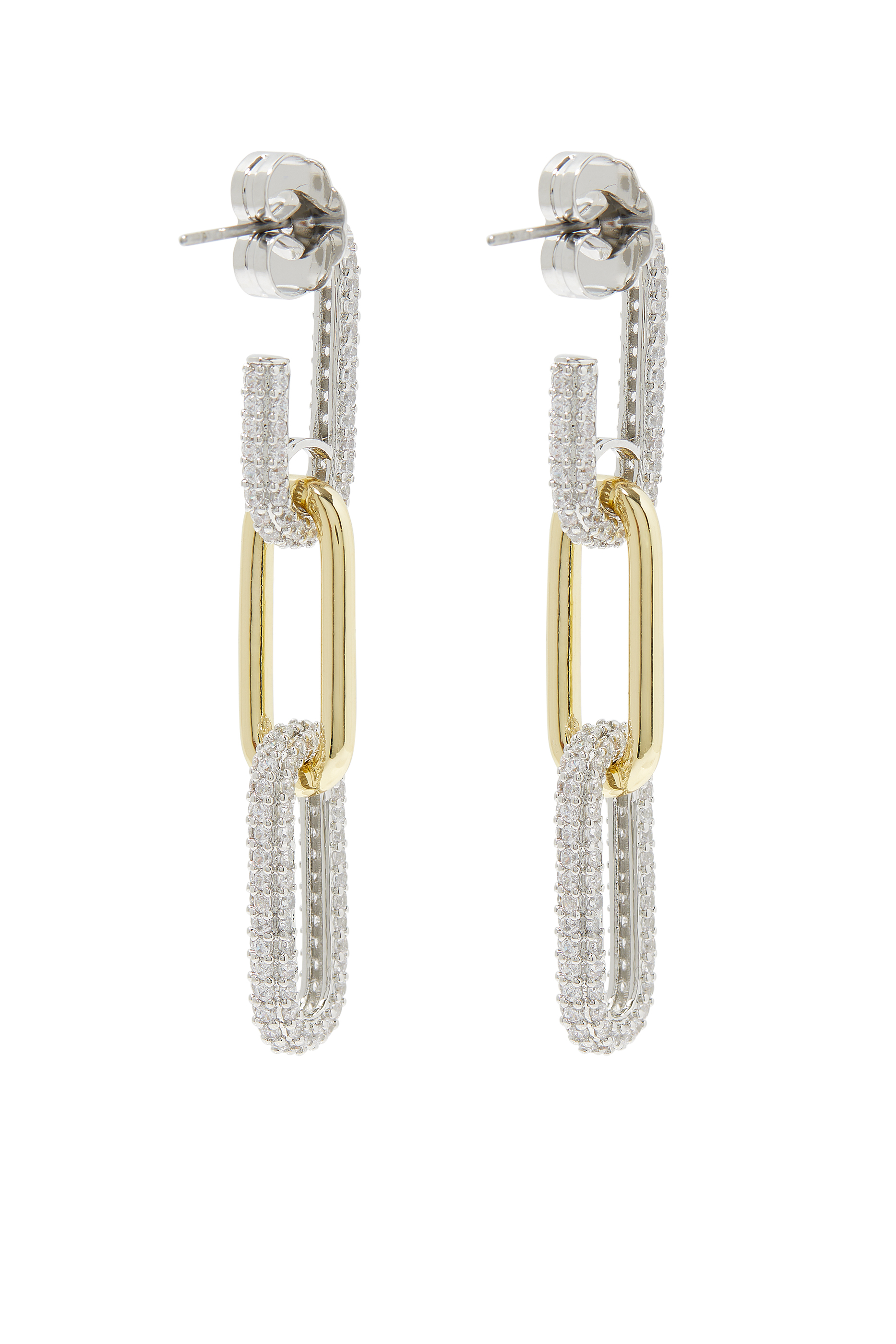 Alt Pave Triple Link Earrings, Plated Brass & Cubic Zirconia