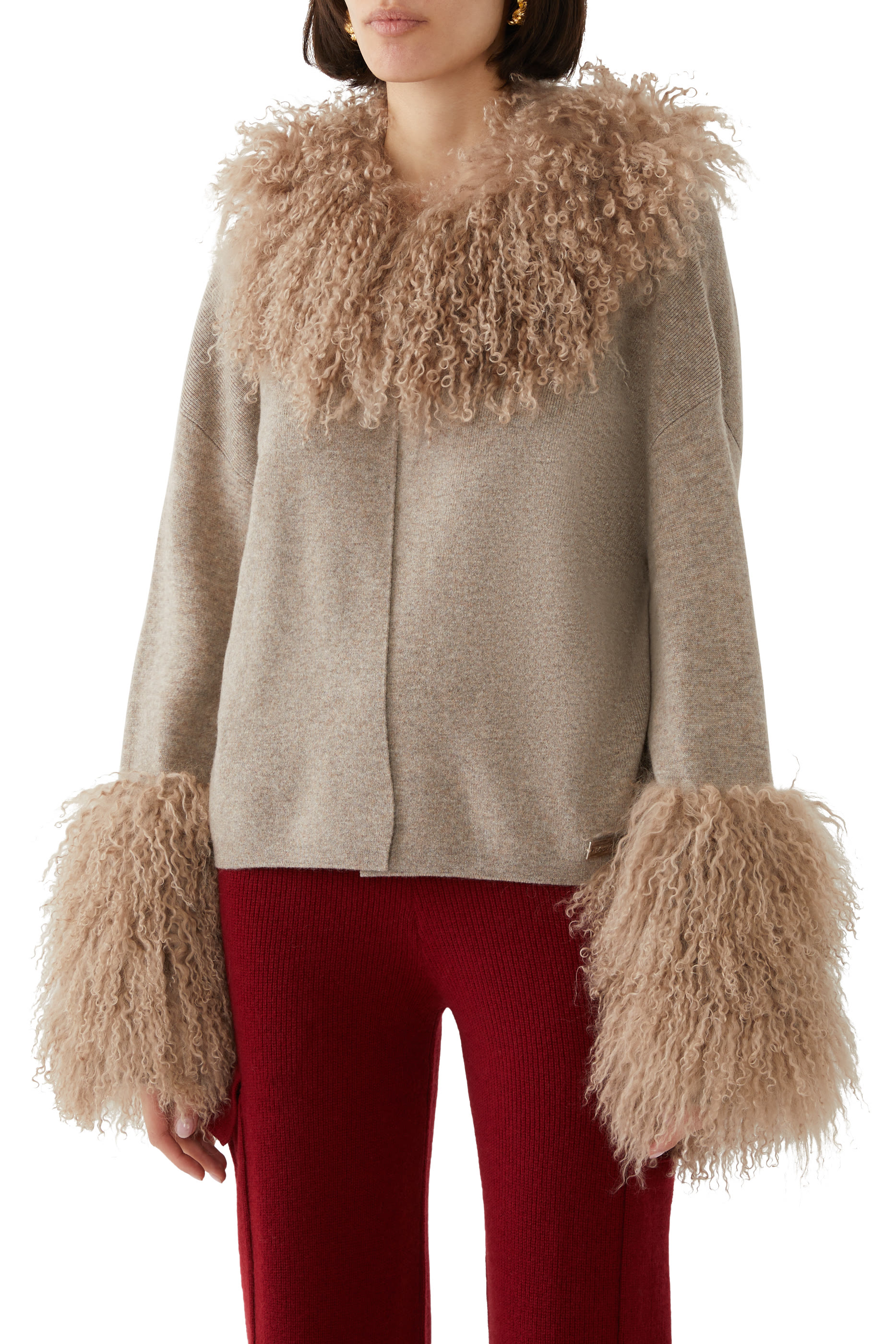 Cable Knit Jacket with Shearling Collar & Cuffs