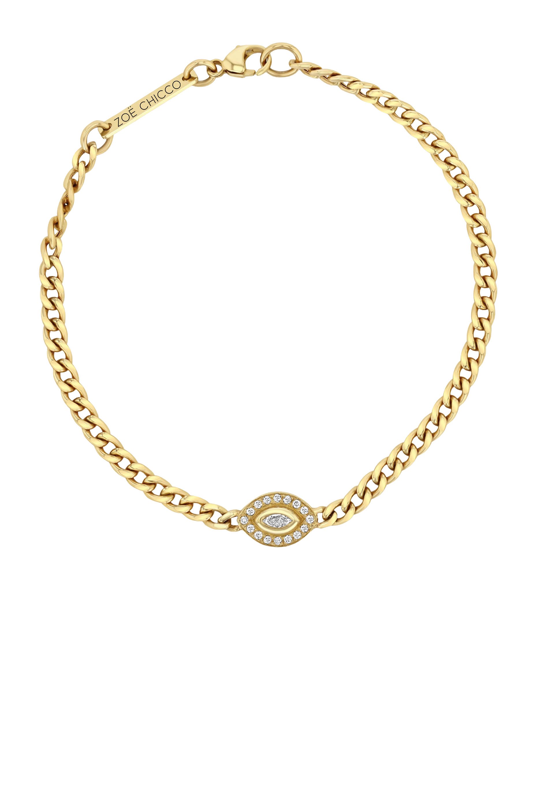 Small Curb Chain Bracelet, 14K Yellow Gold & Diamonds