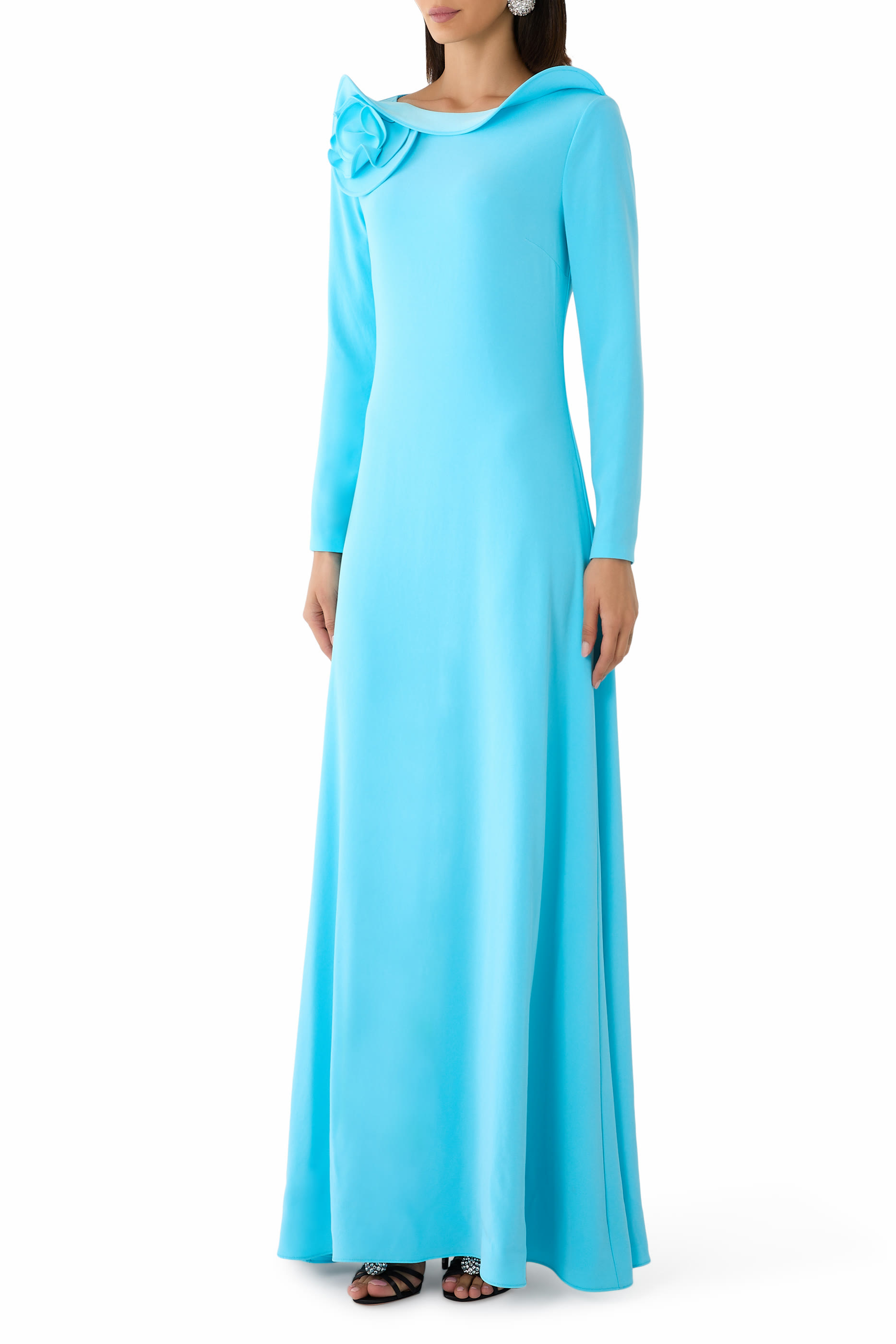 3D Draped Flower Neckline Long Sleeve Gown