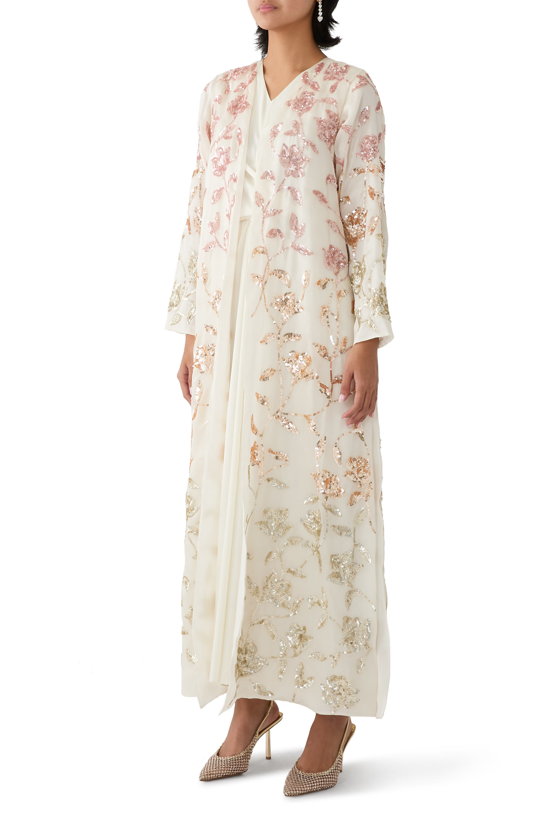 All-Over Sequin Embellished Organza Cape with Inner Dress