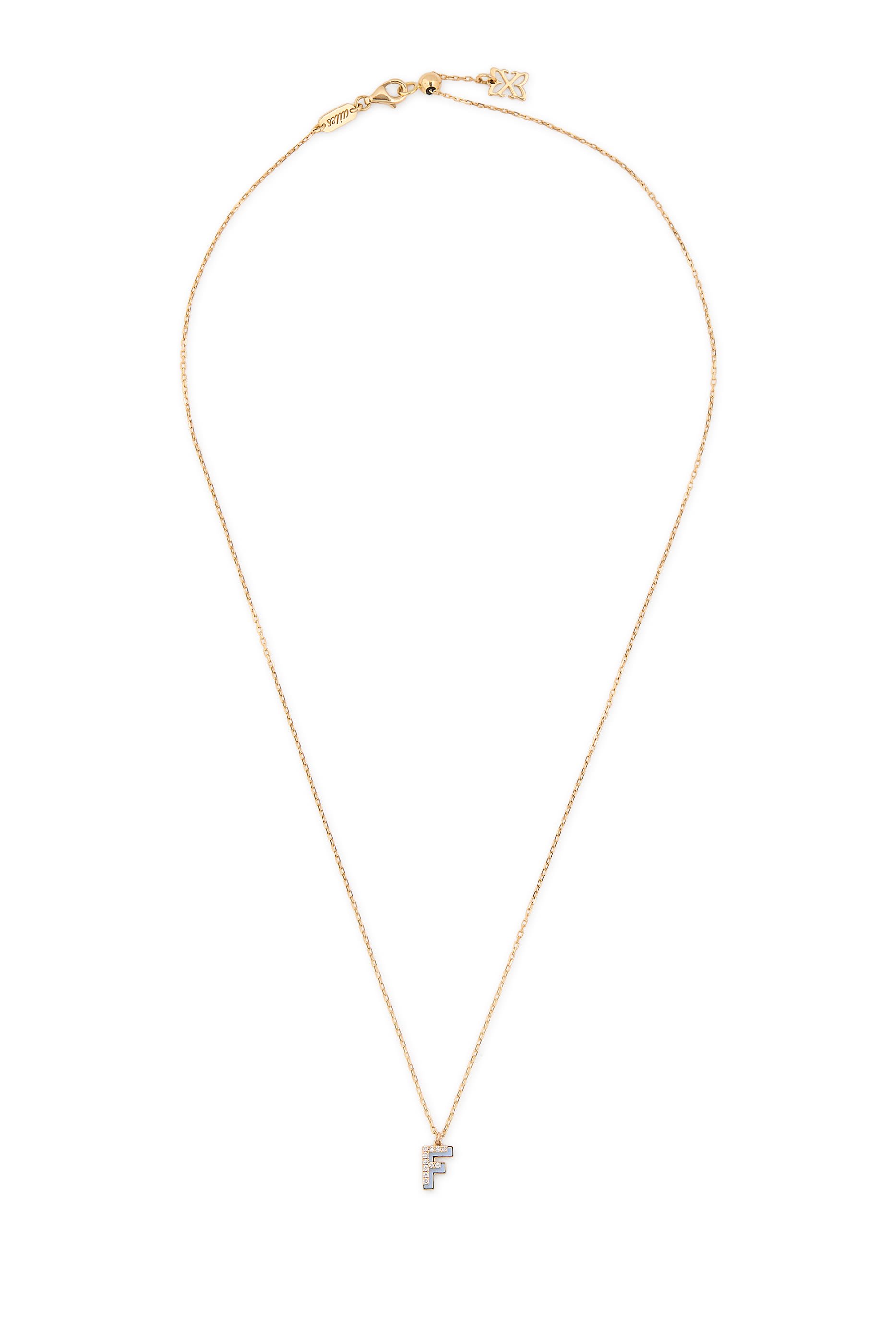 Letter F Silhouette Necklace, 18k Yellow Gold with Diamonds & Enamel
