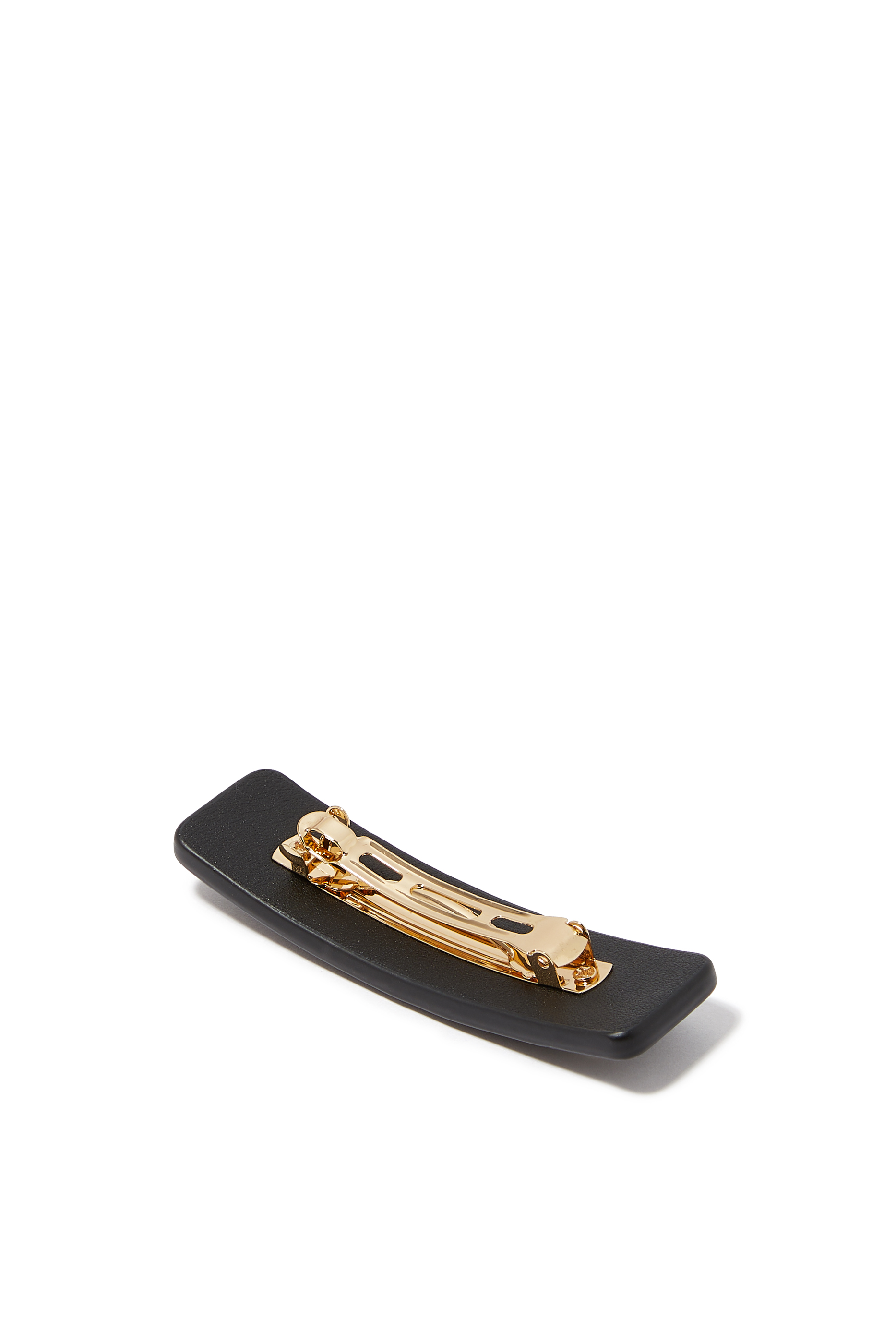 Signature Leather Barrette, Leather & Plated Brass, Resin, Cubic Zirconia