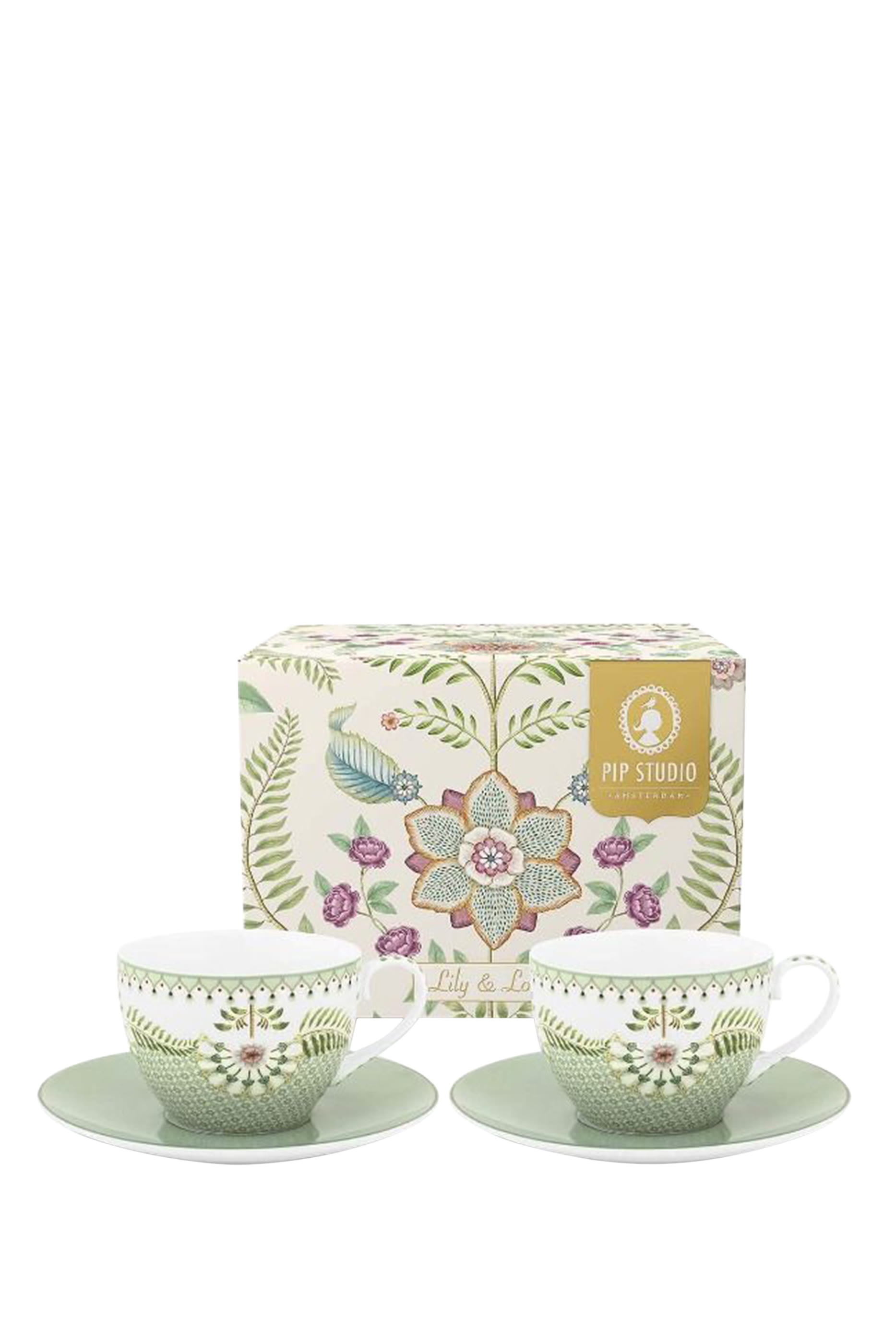 Lily & Lotus Tiles Coffee Cup & Saucer, Set of 2