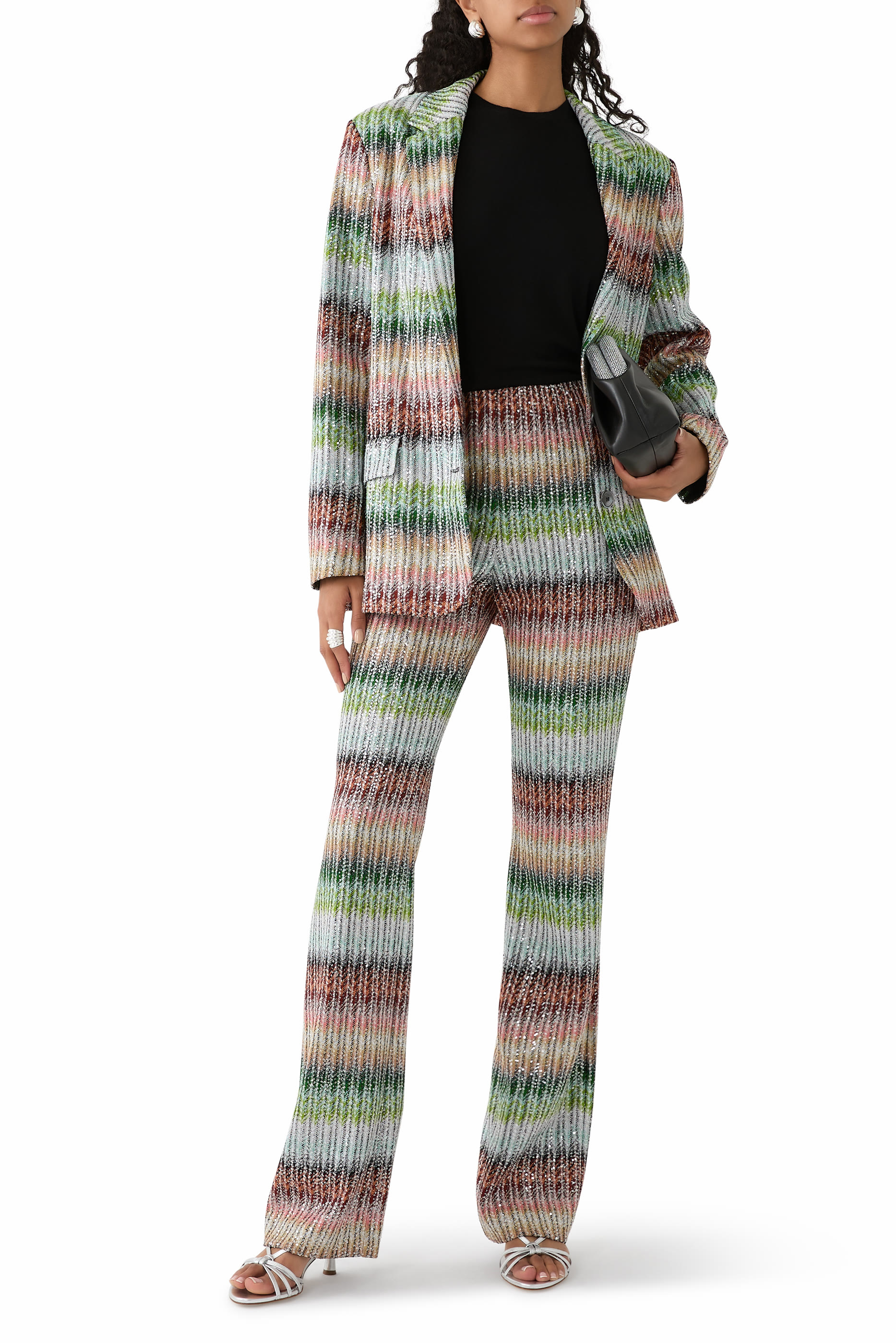 Flared Trousers in Gradient Zig Zag Knit with Sequins