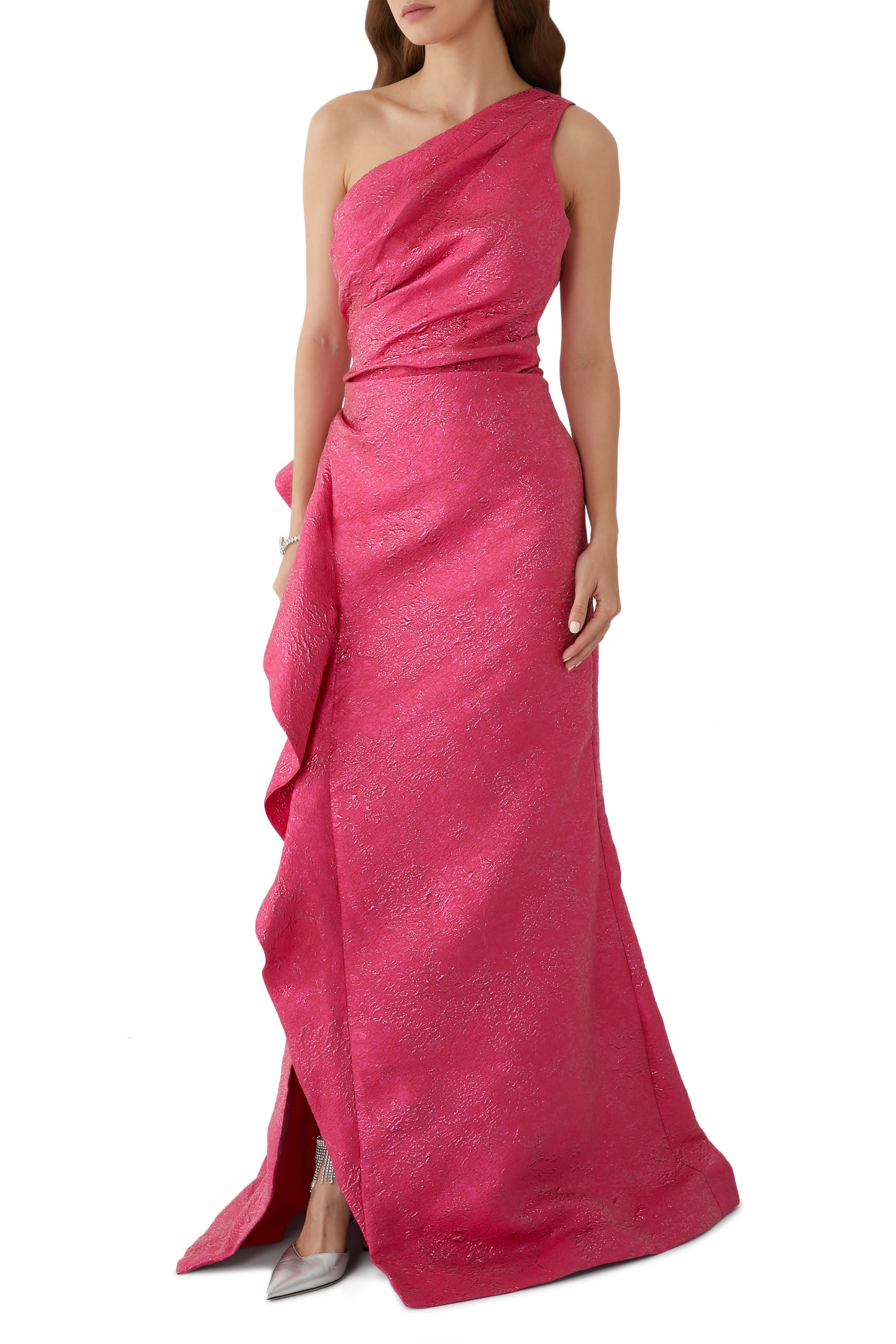 Jacquard Side Ruffle One Shoulder Gown