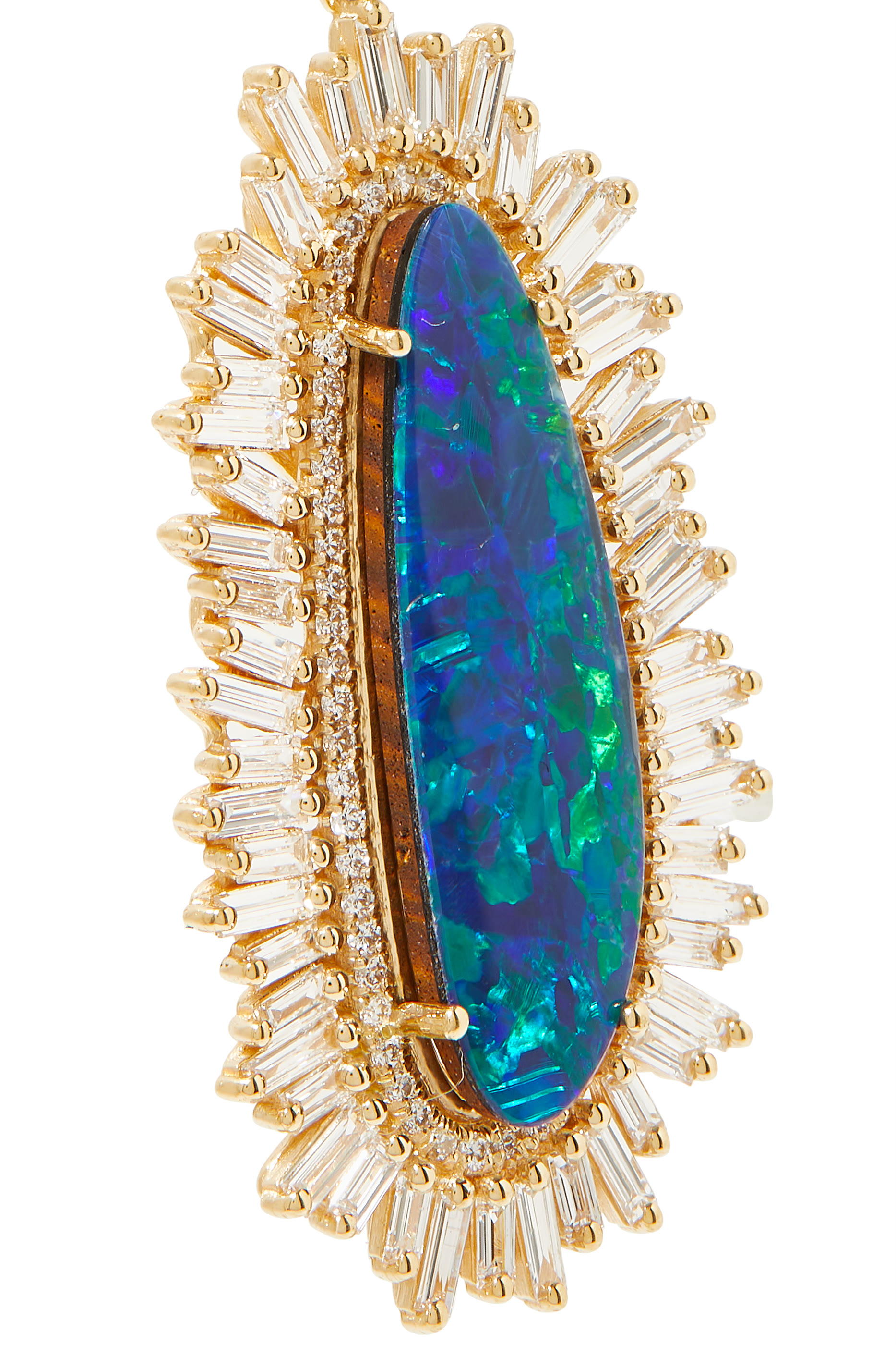 Blue Opal Baguette Drop Earrings, 18k Yellow Gold & Emerald Diamond