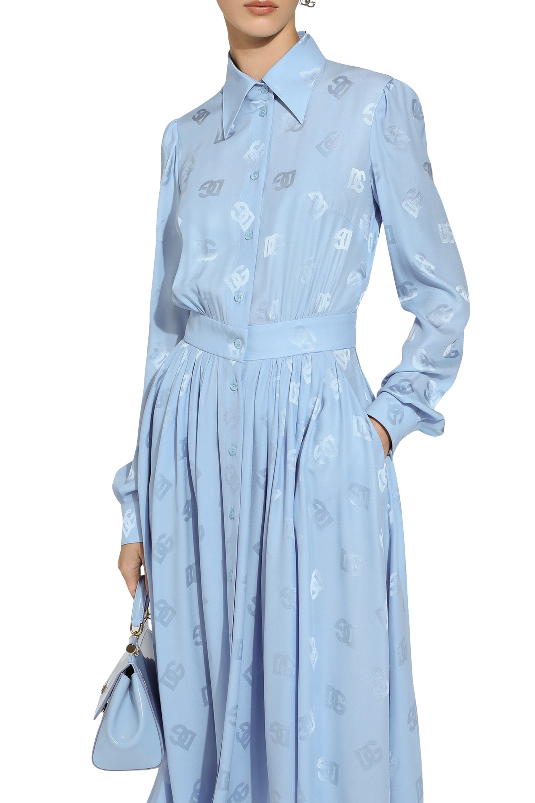 DG Logo Silk Satin Jacquard Shirt Dress