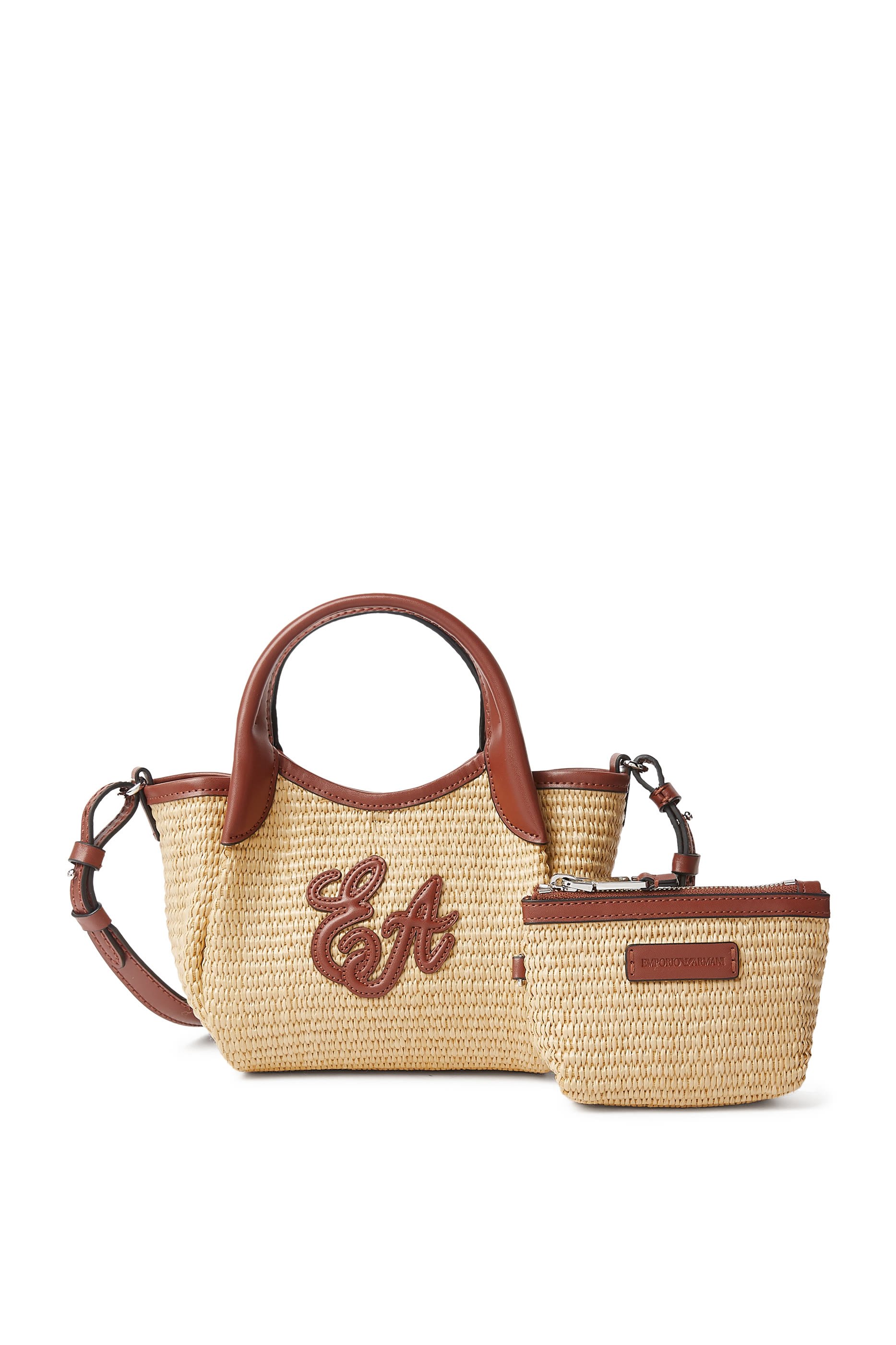 EA Logo Woven Straw Small Shopper Bag