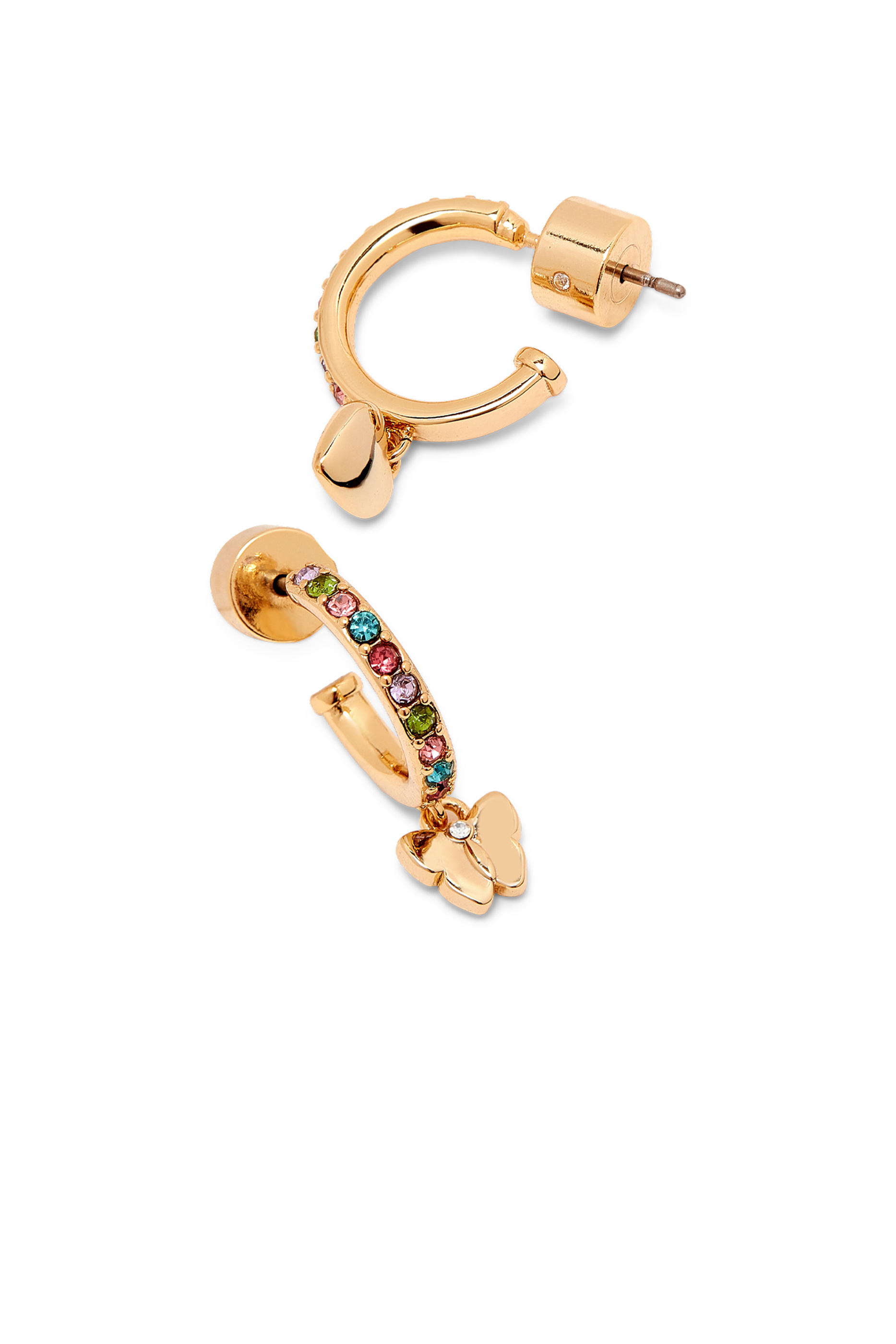 Butterfly Charm Huggie Earrings, Plated Brass & Crystals