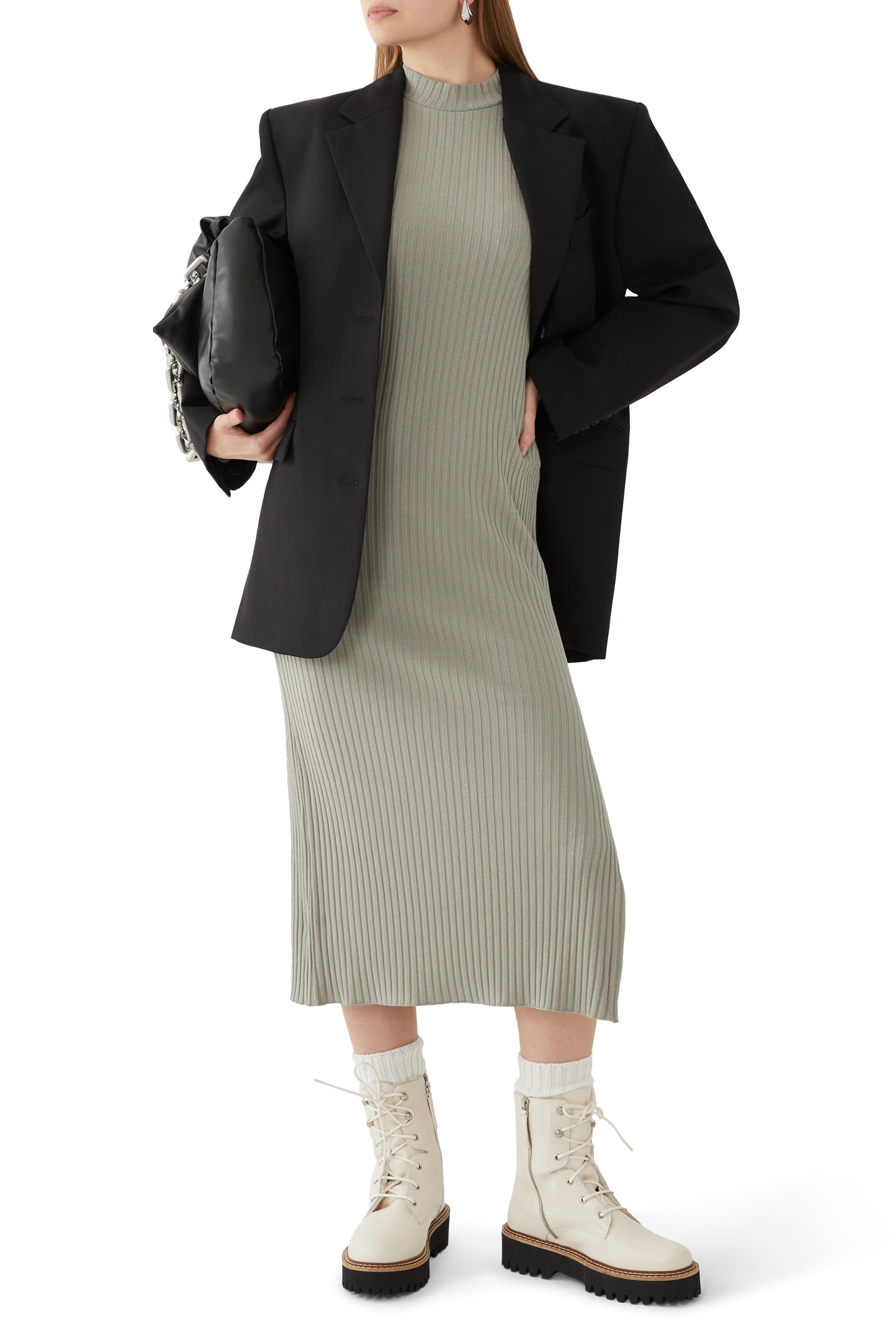 Ribbed Cotton-Blend High-Neck Dress