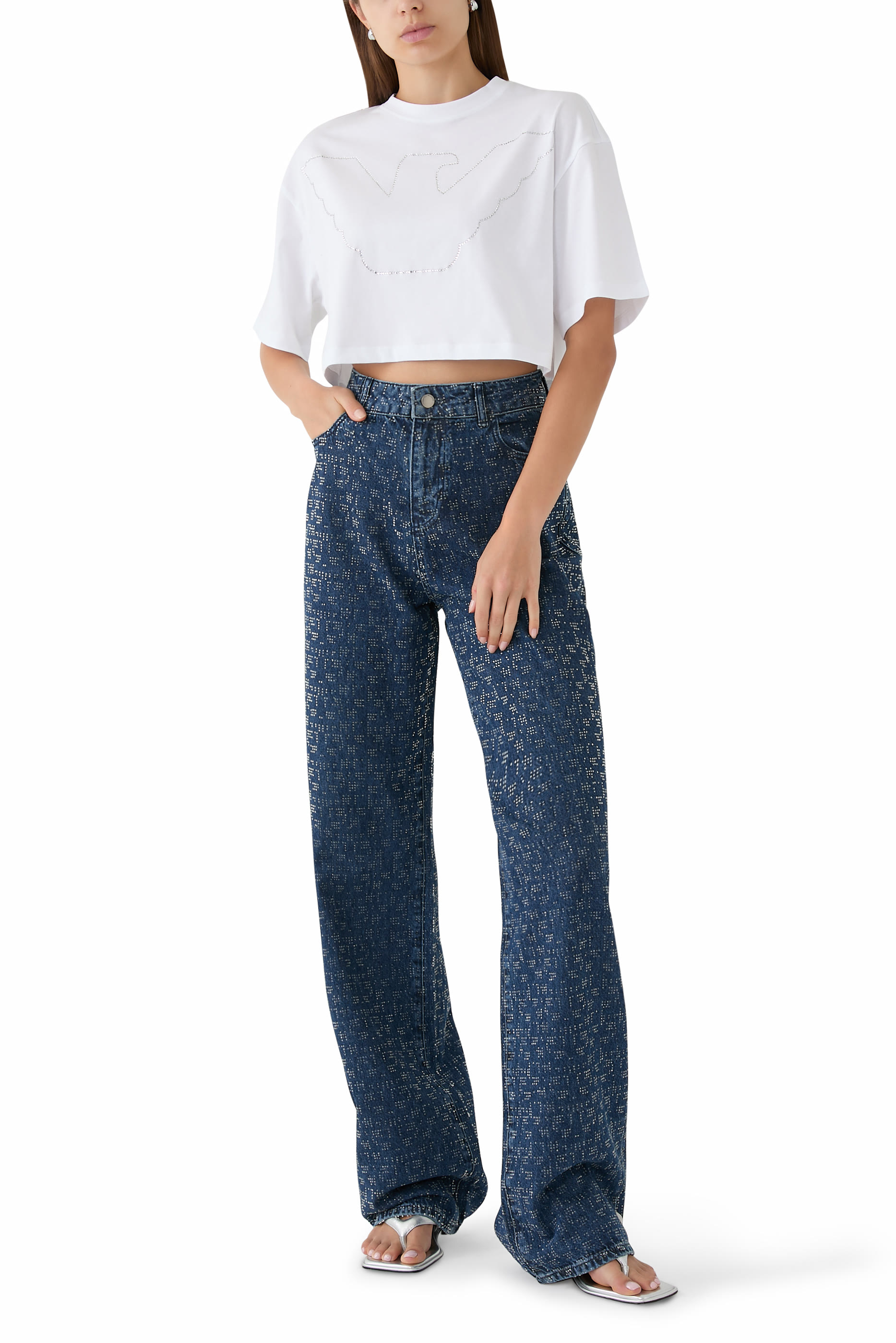 Rhinestone Eagle Logo Crop T-Shirt