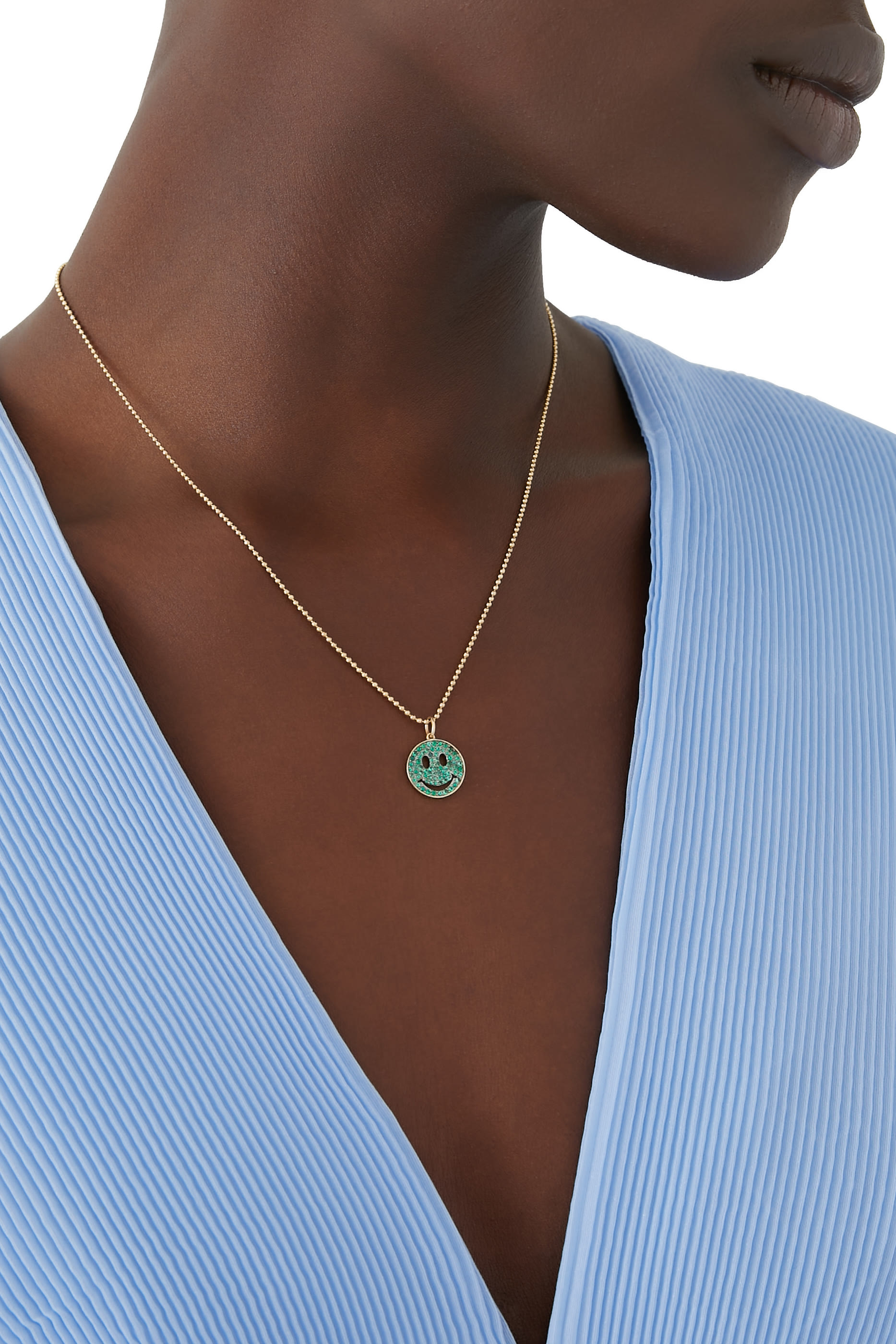 Medium Happy Face Pendant Necklace, 14k Yellow Gold & Emerald