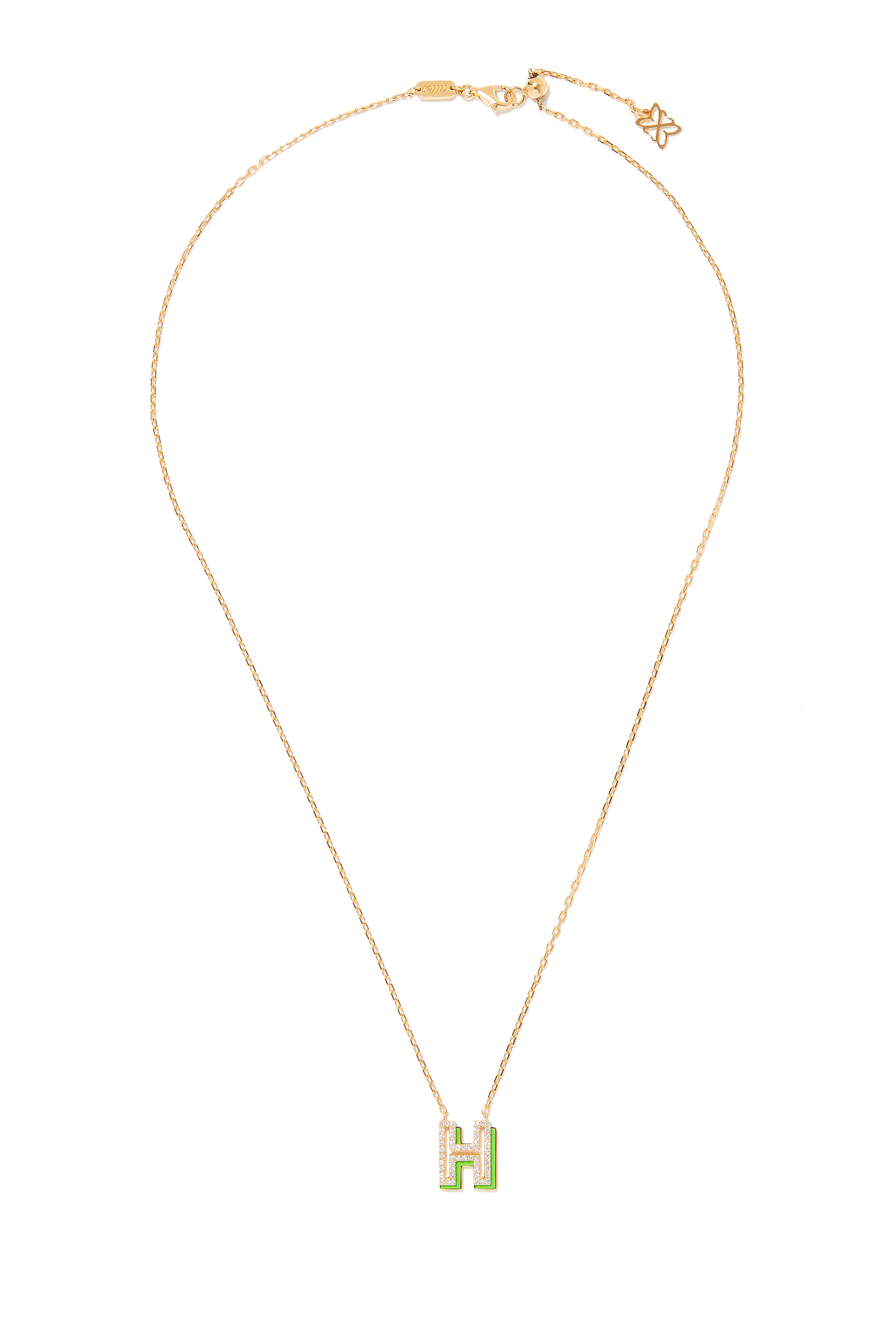 18K YG Silhouette Green Enamel and Diamond Mini Necklace - Letter H