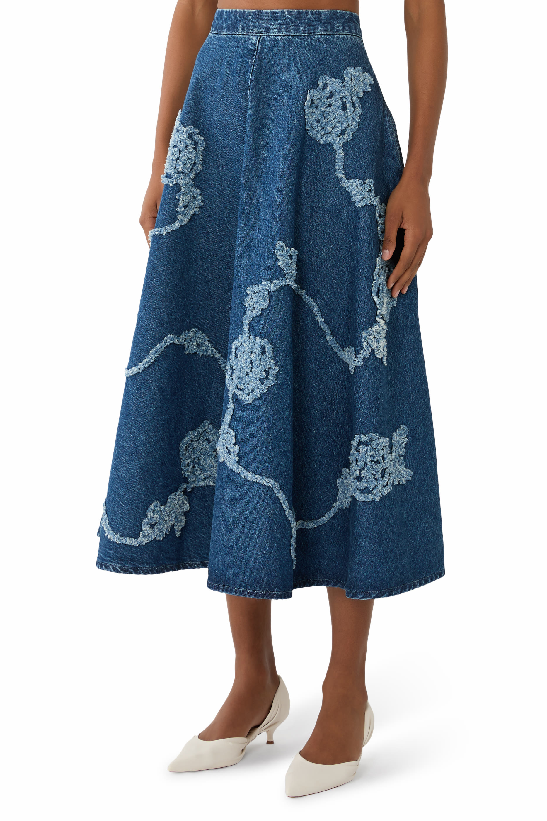 Denim Flower Midi Skirt 
