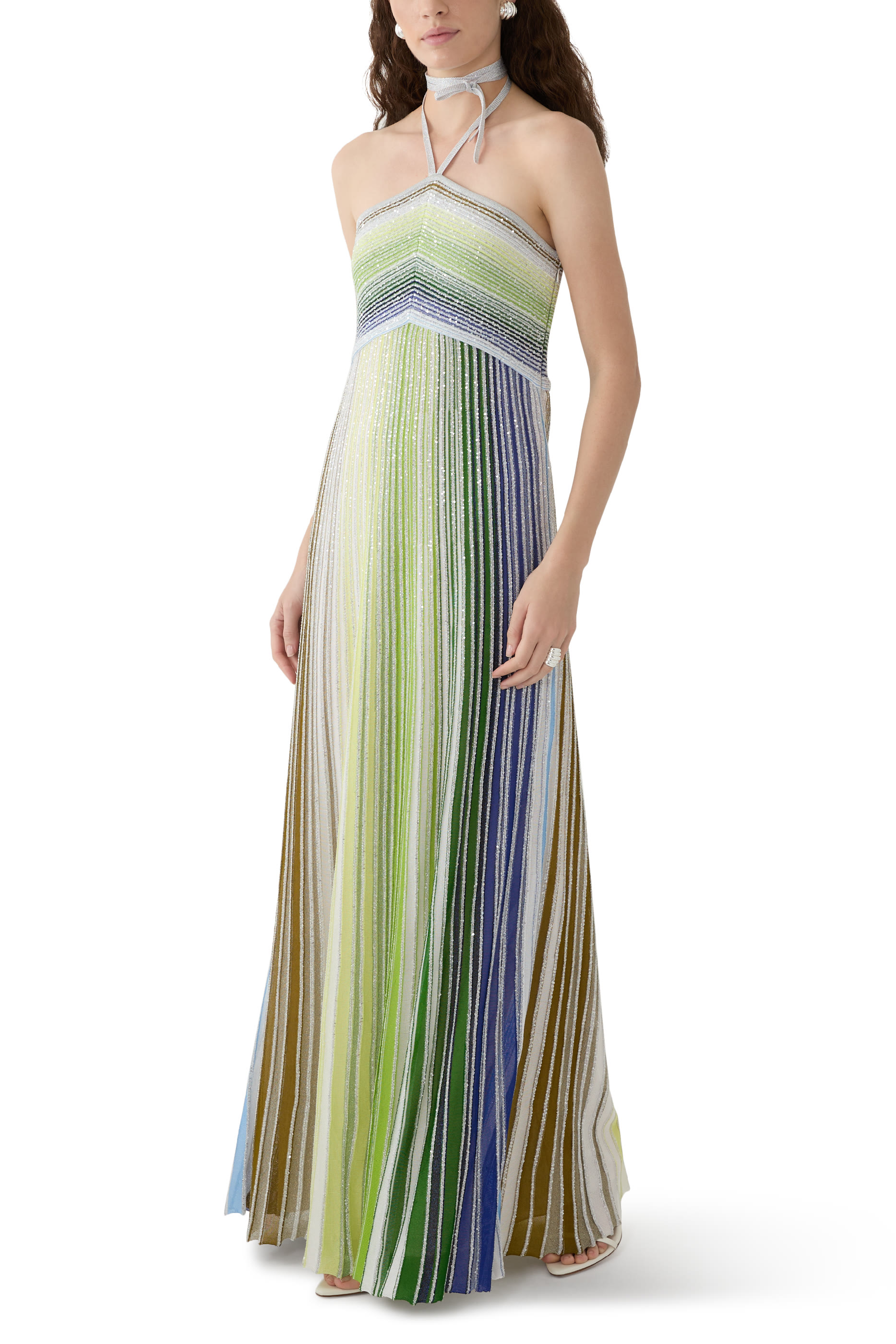 Long Striped Dress with Sequins and Neck Fastening