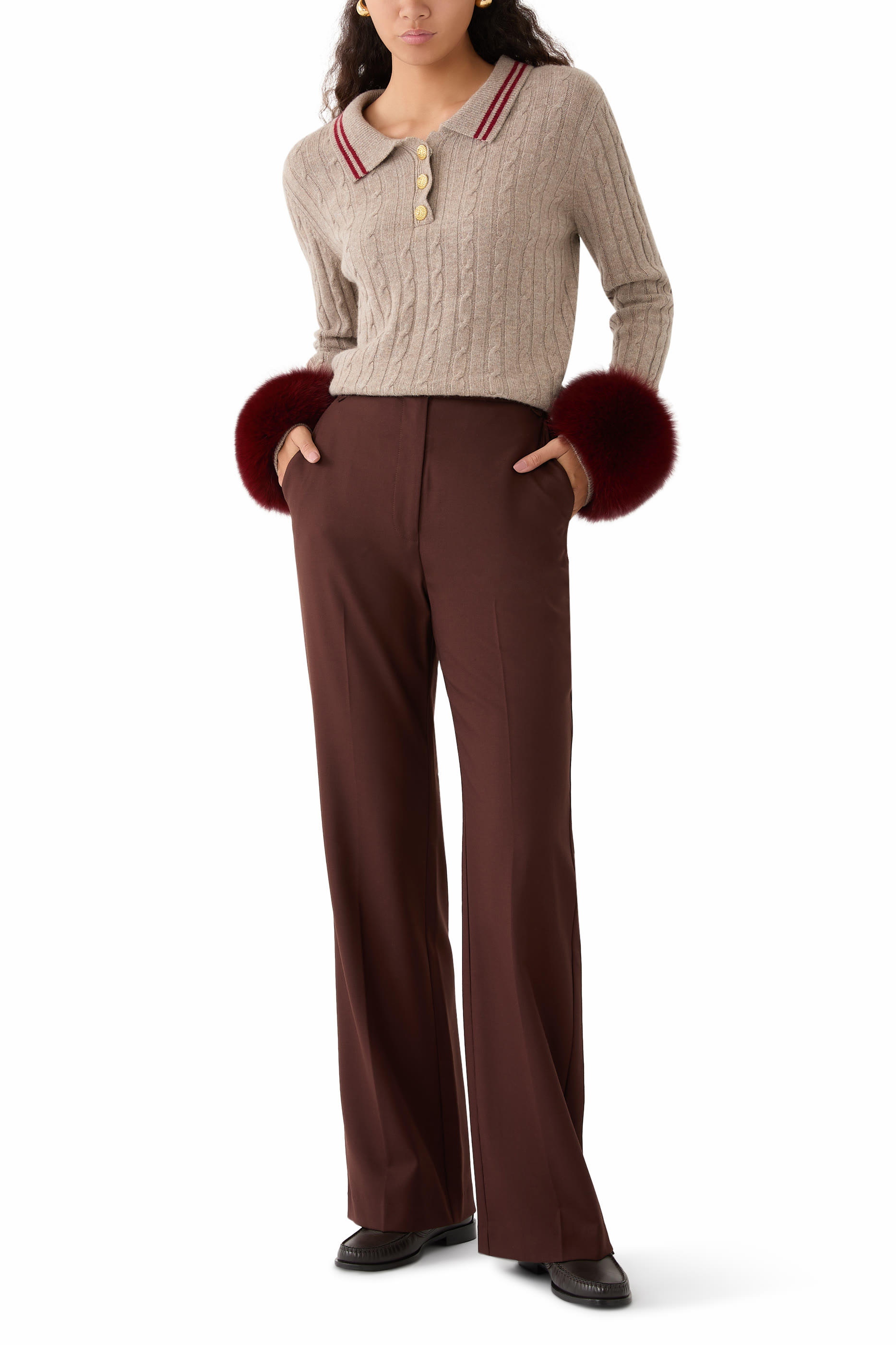 Stripe Detailed Cable Knit Sweater with Cuffs