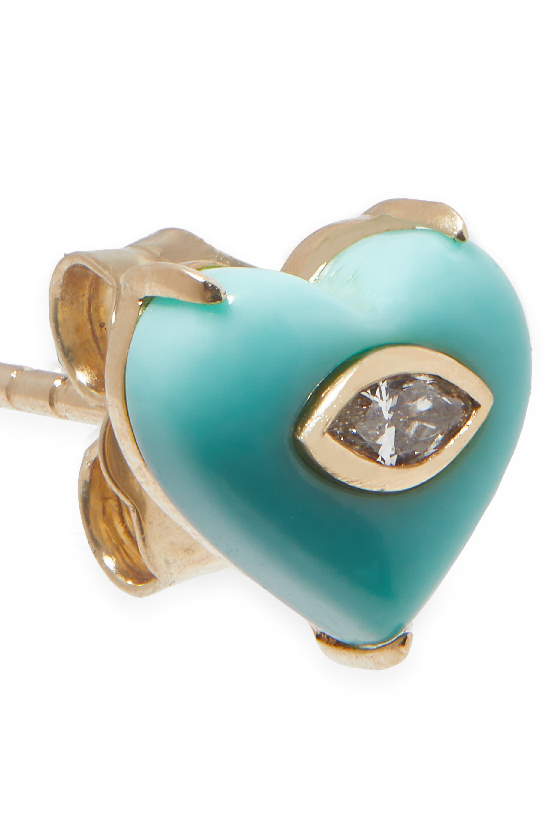  Bezel Eye on Small Carved Heart Studs, 14K Yellow Gold, Turquoise & Diamond