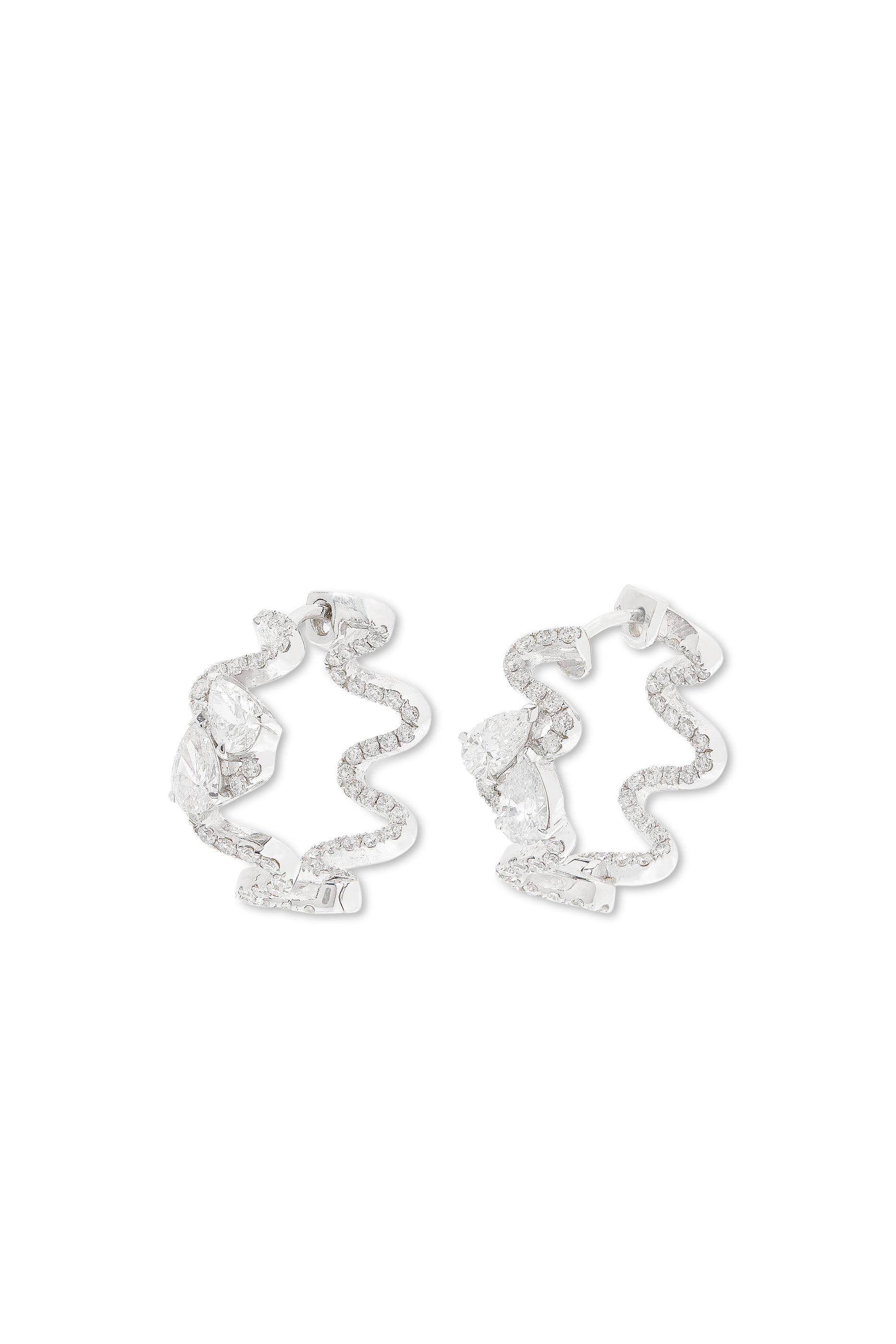 Double Diamond Wave Hoop Earrings, 18k White Gold & Diamonds