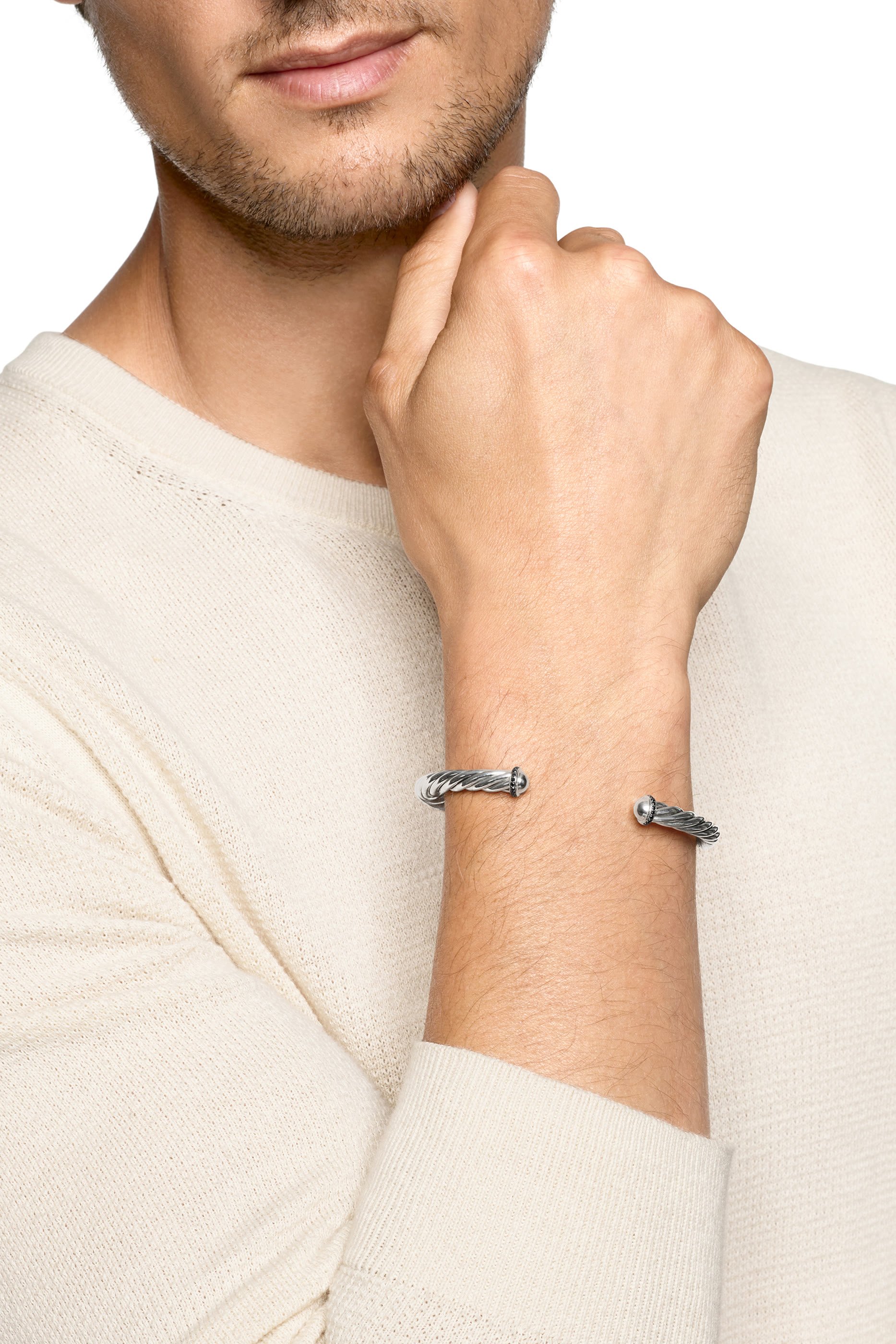 SS Cable Black Diamond Cuff Bracelet, 6mm