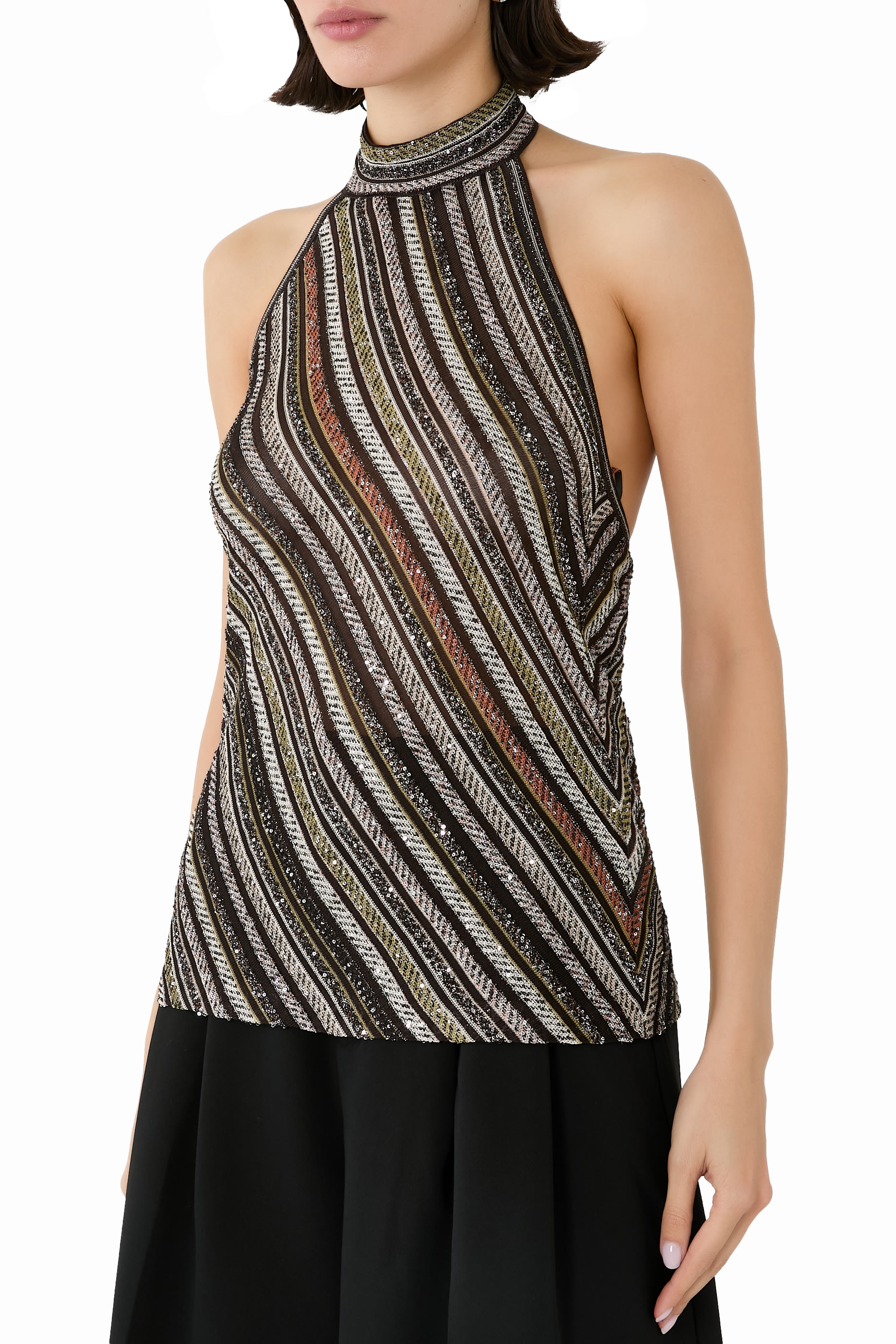 Striped Partialized Knit Sequined Halter Top