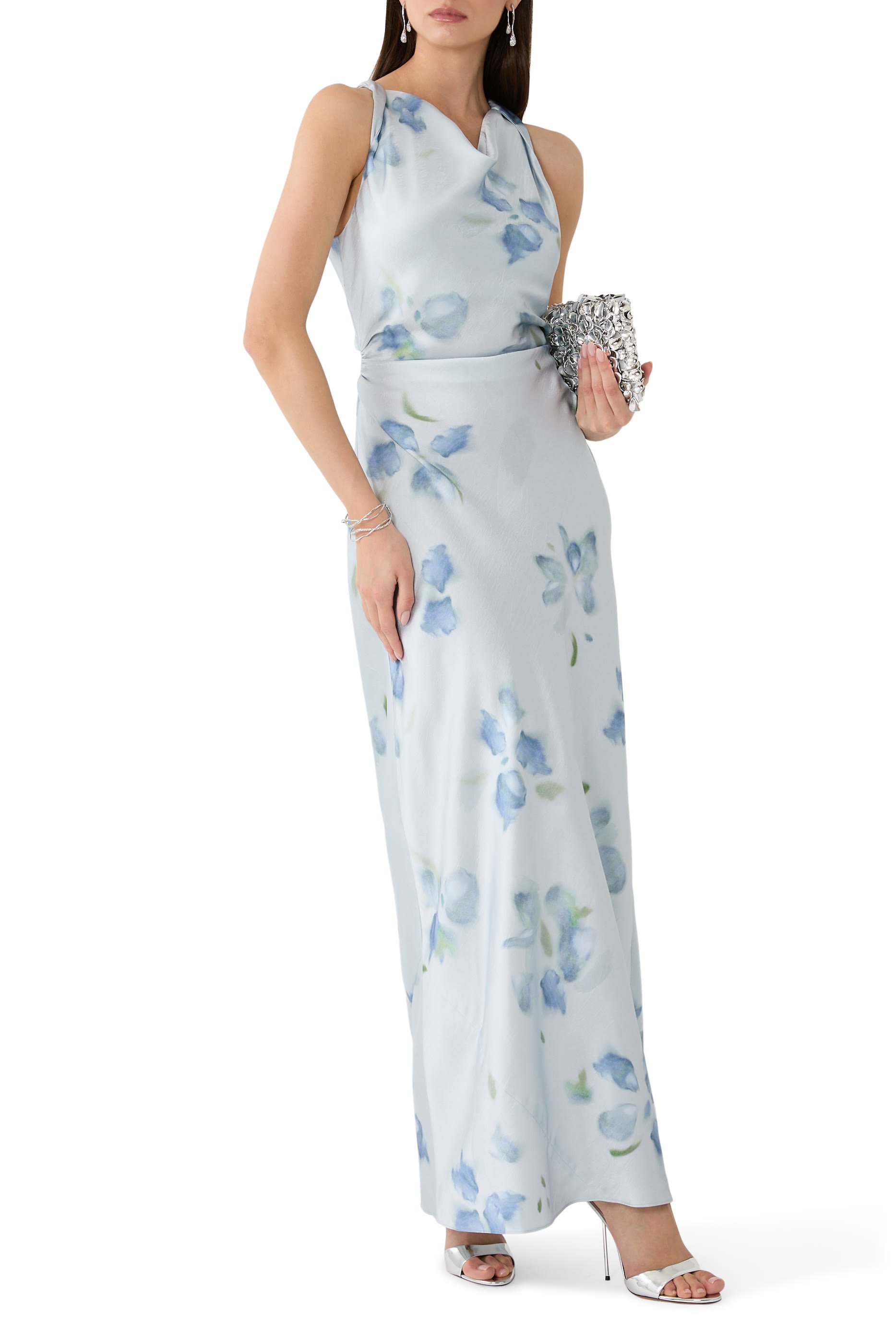 Petal Blur Satin Twist-Shoulder Dress