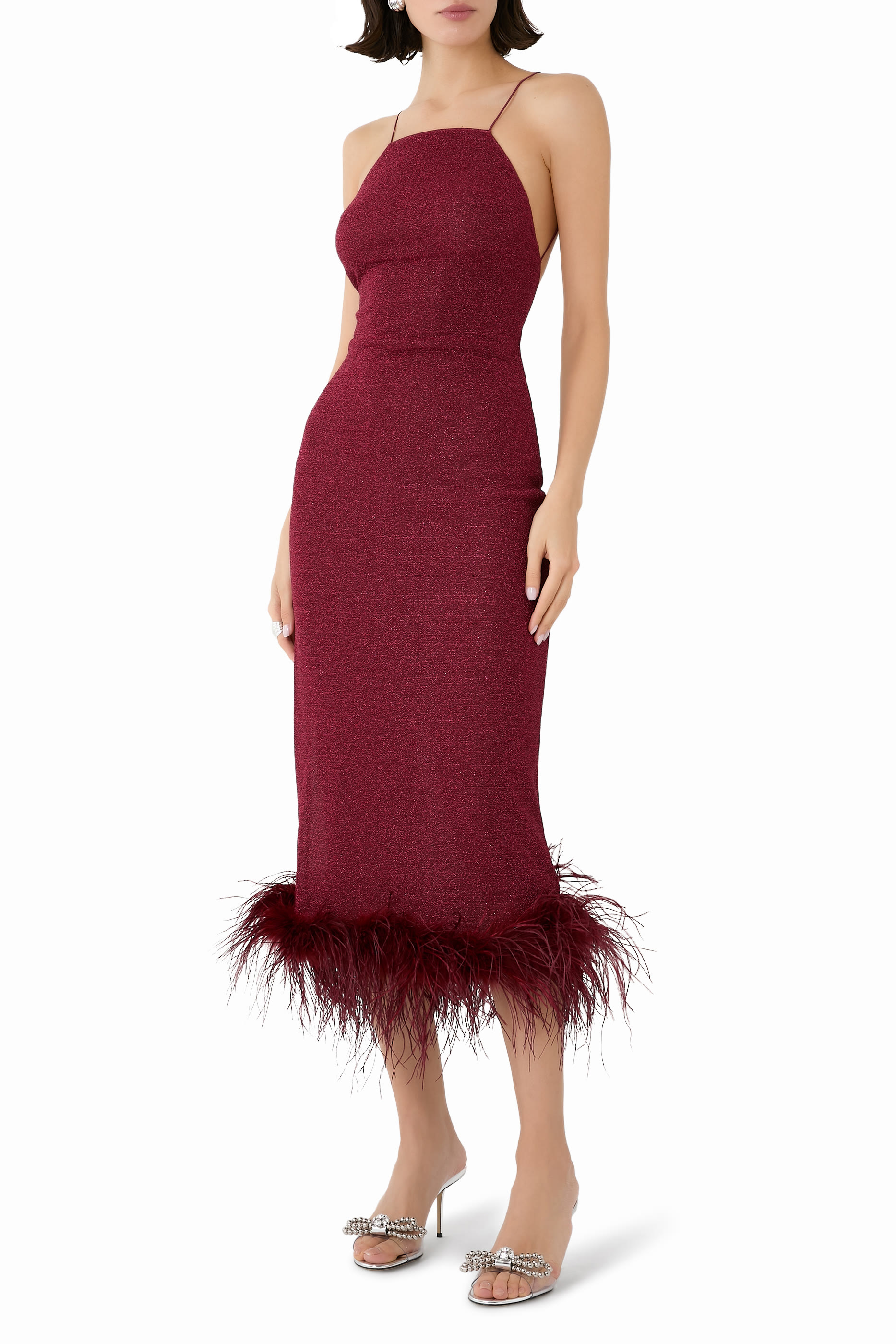 Lumiere Lurex Feather-Trimmed Midi Dress