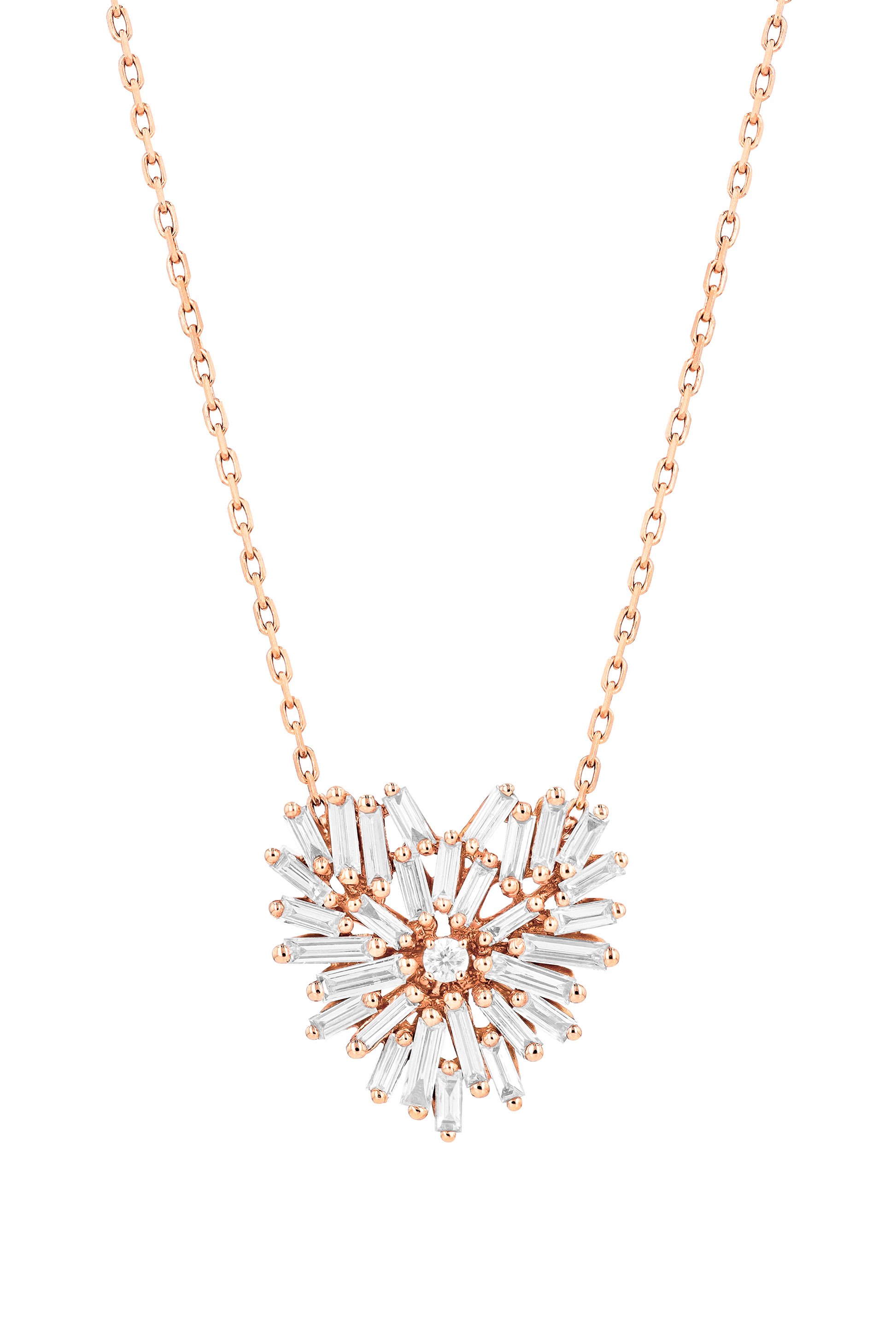 Diamond Baguette Mini Heart Necklace, 18k Rose Gold