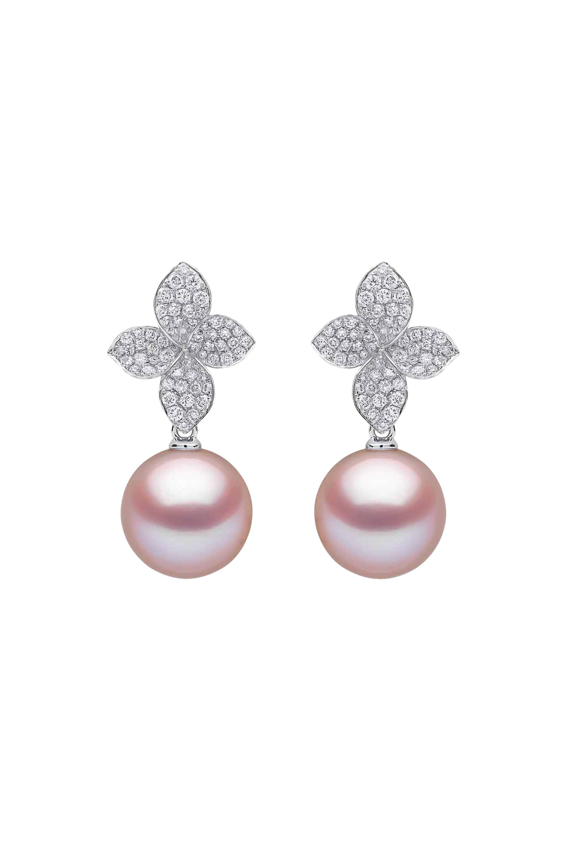 Contessa Flower Drop Earrings, 18K White Gold with Freshwater Pink Pearls & Diamonds