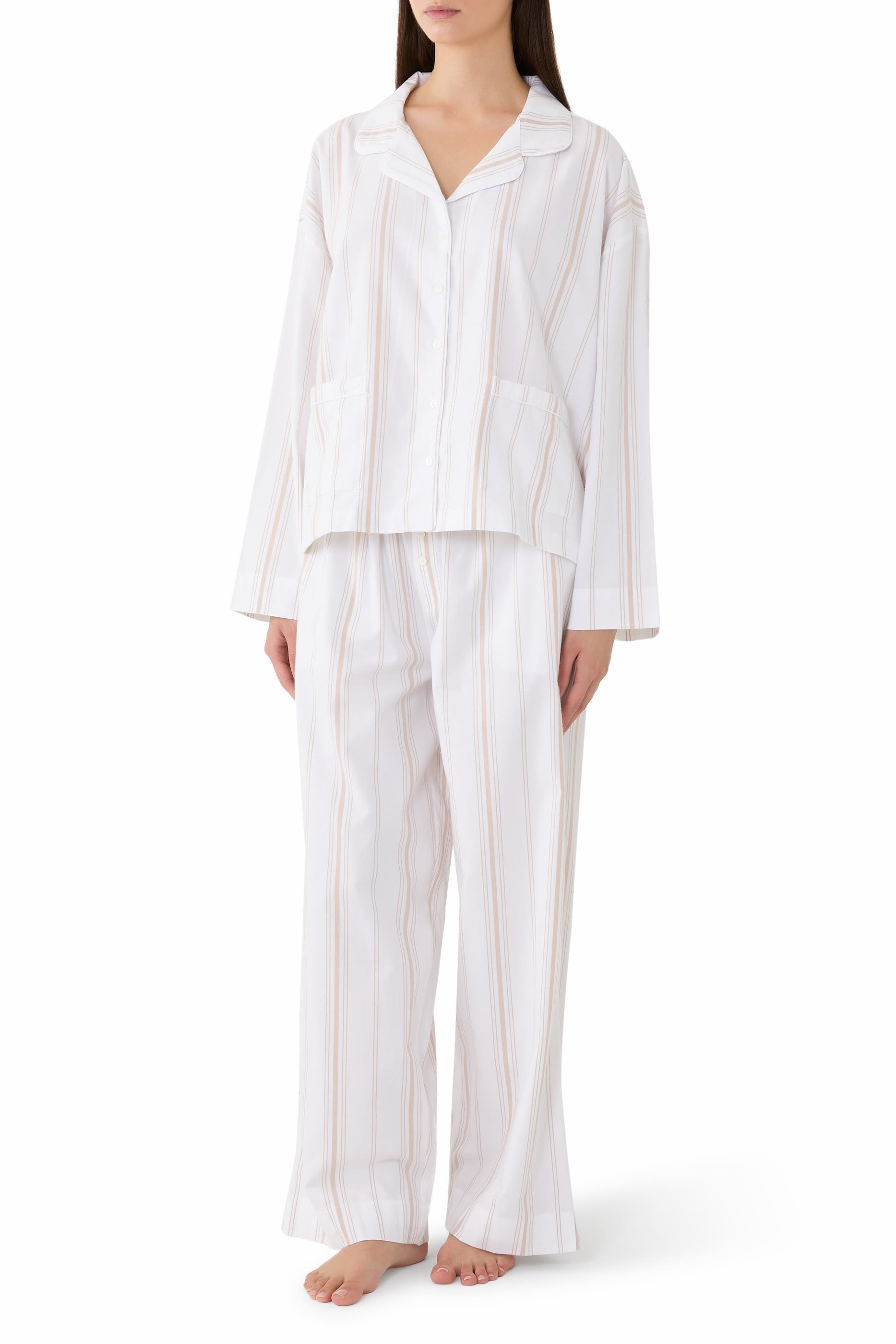 Brushed Cotton Stripe Drop Shoulder Pajama Set 