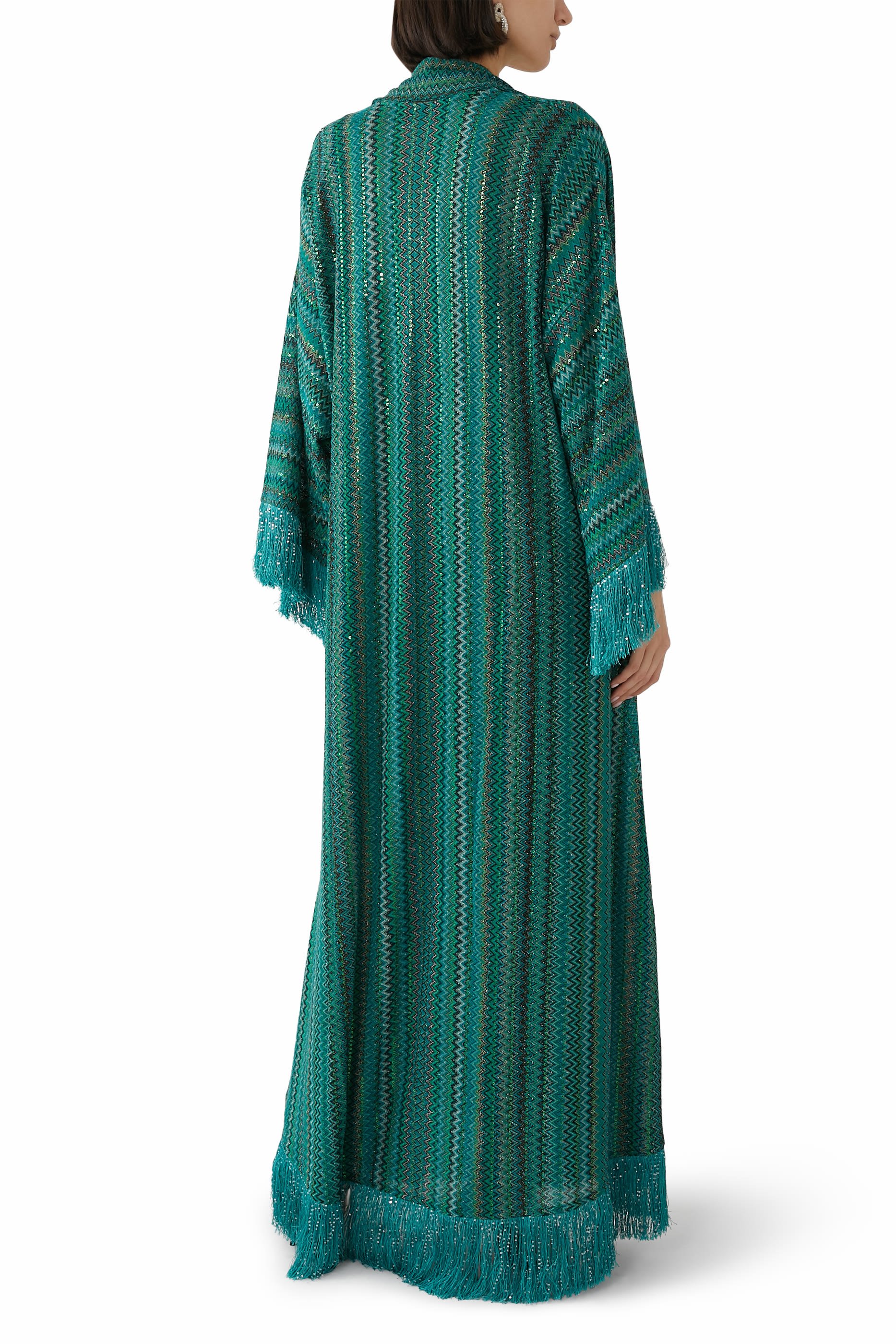 Exclusive Chevron Raschel Sequinned Fringed Scarf Maxi Kaftan