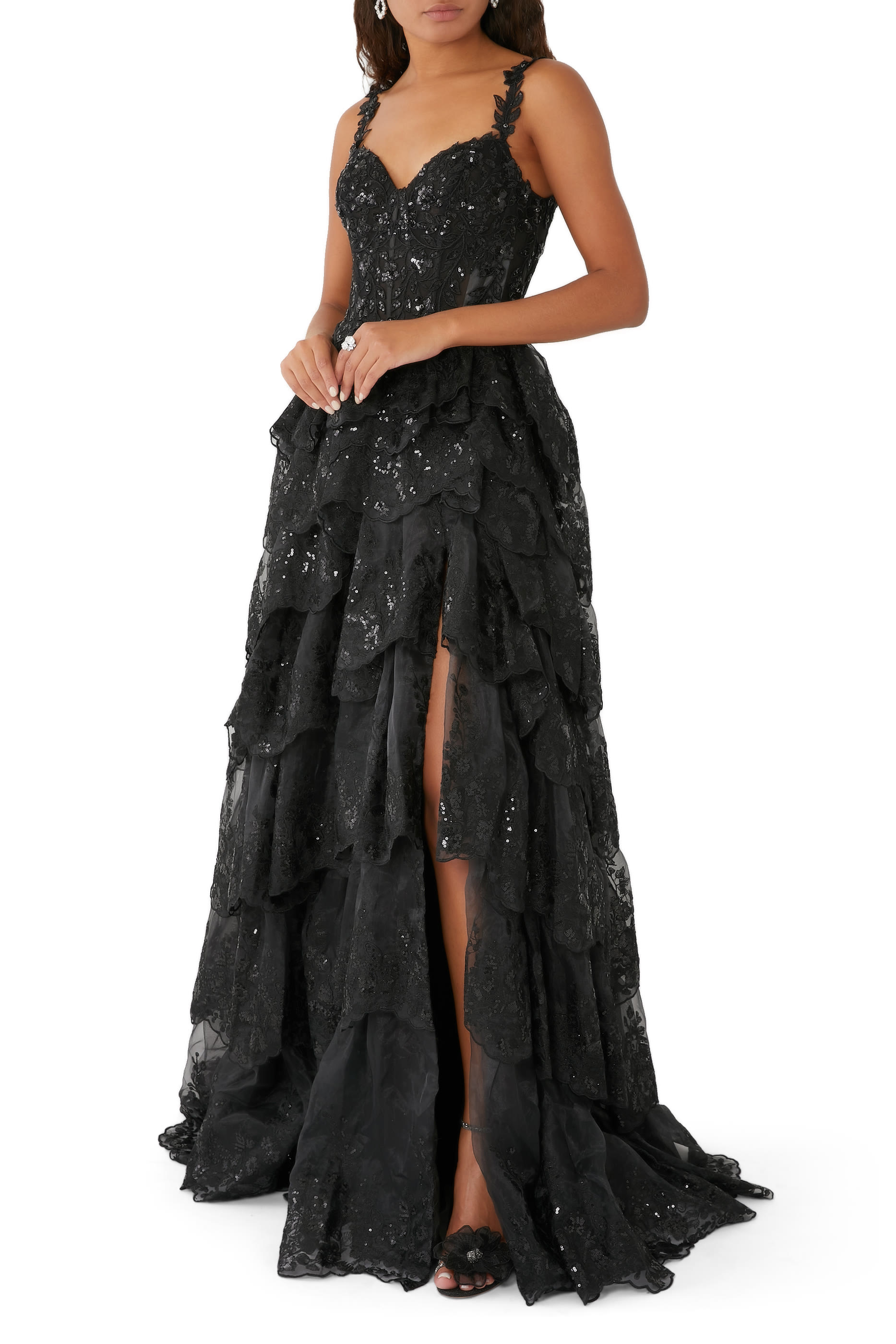 Tiered Floral Sequin Maxi Gown