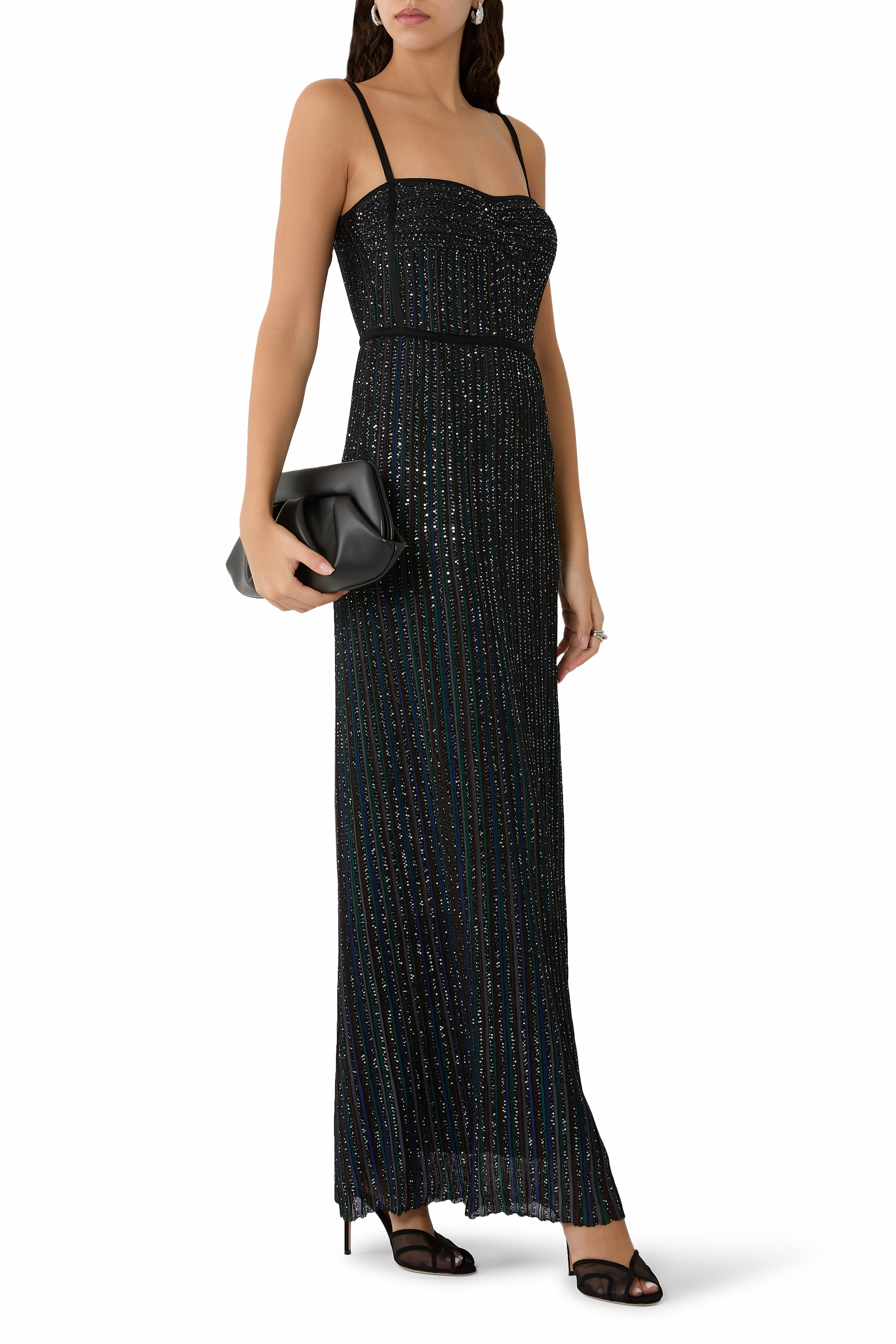  Sleeveless Long Dress with Lamé Stripes