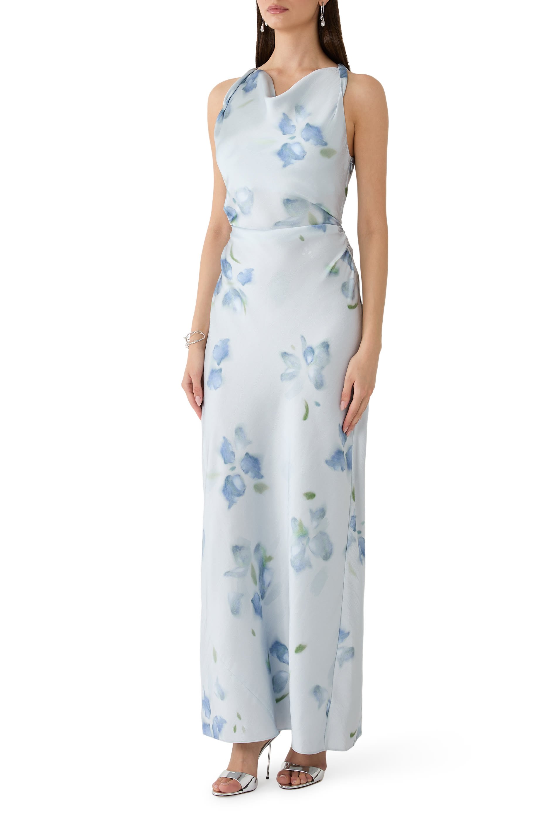 Petal Blur Satin Twist-Shoulder Dress