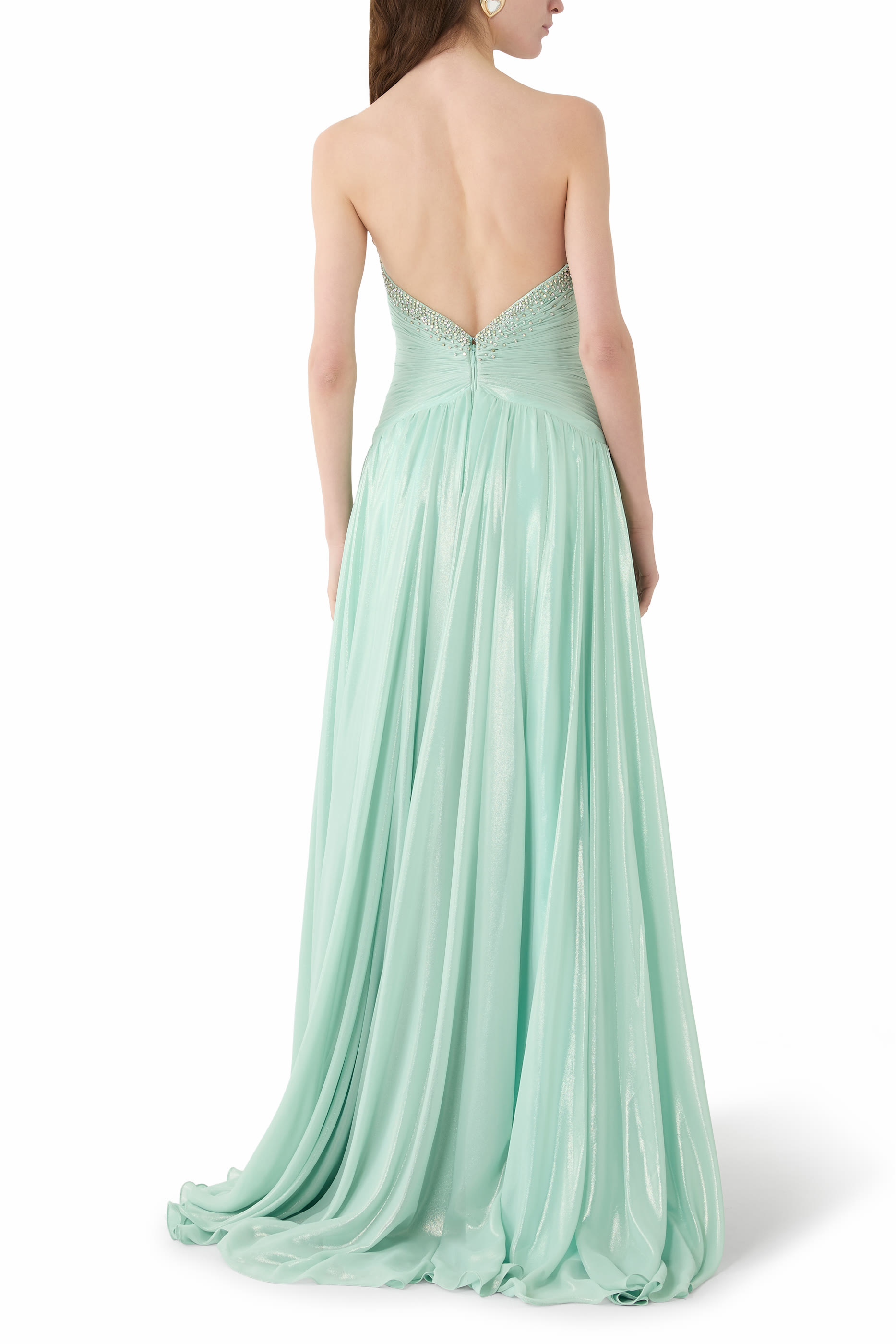  Strapless Shimmer Gown with Deep V Neckline