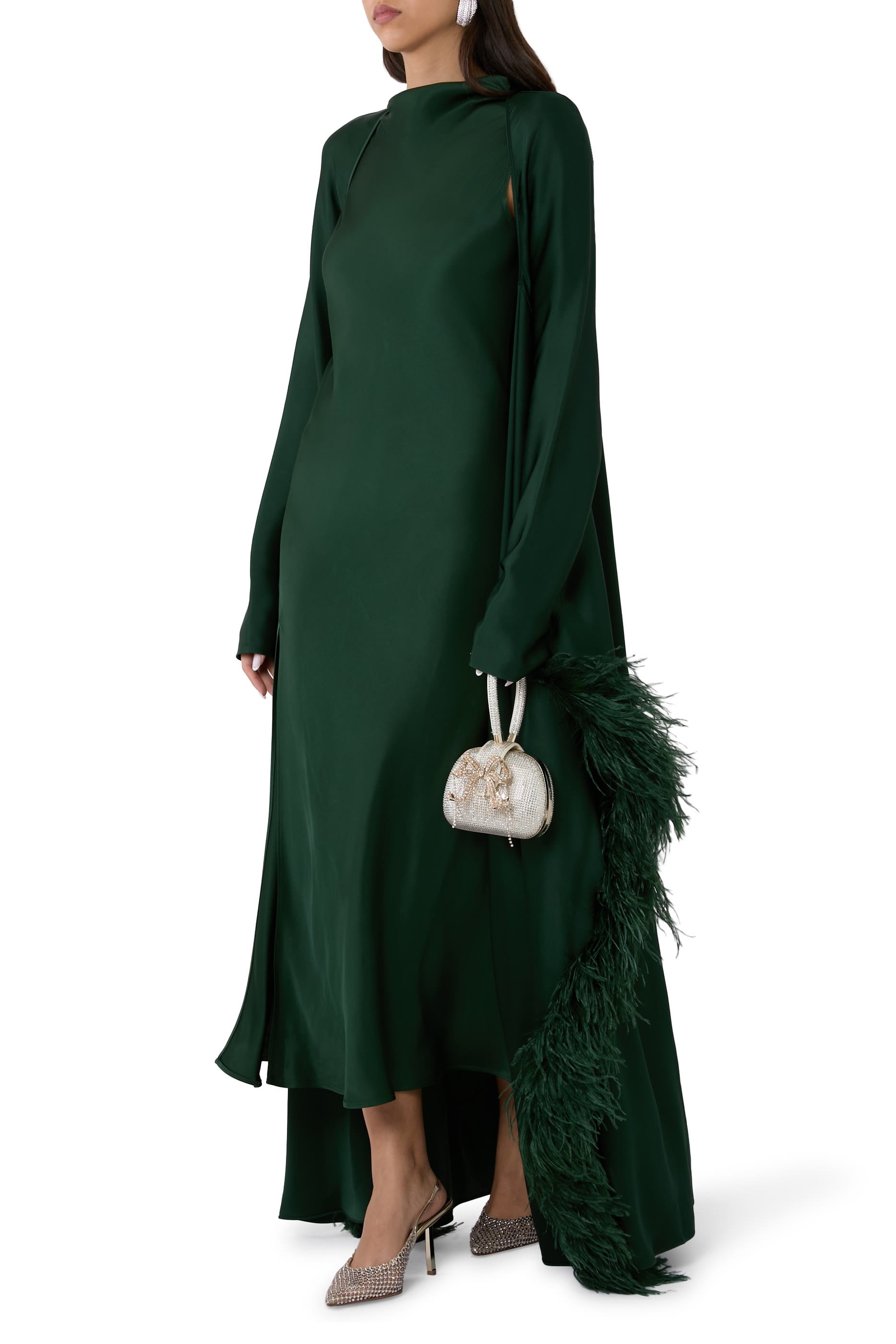 Feather Trim Long Sleeves Satin Caftan