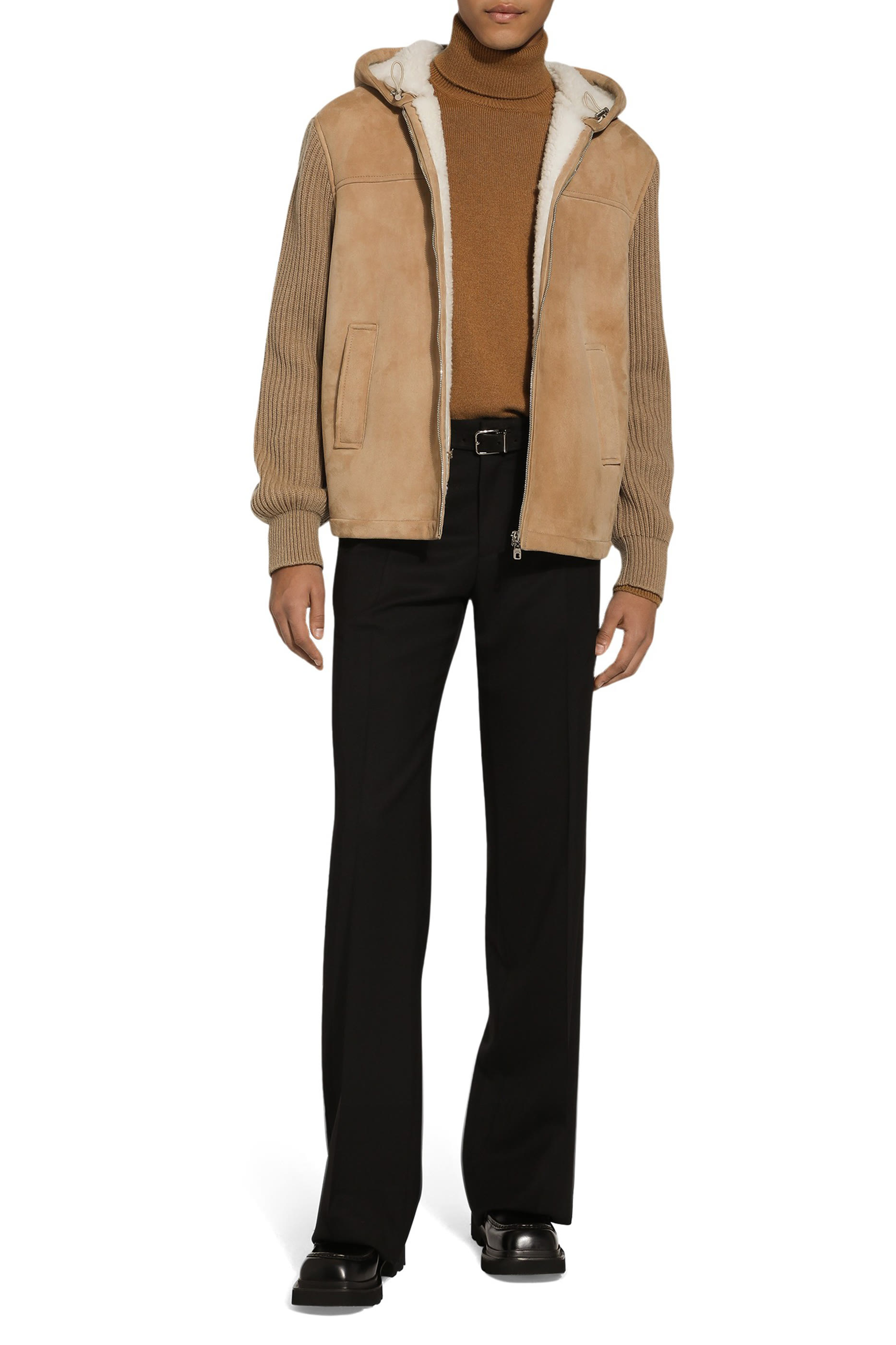 Sheepskin Jacket with Knit Inserts and Hood