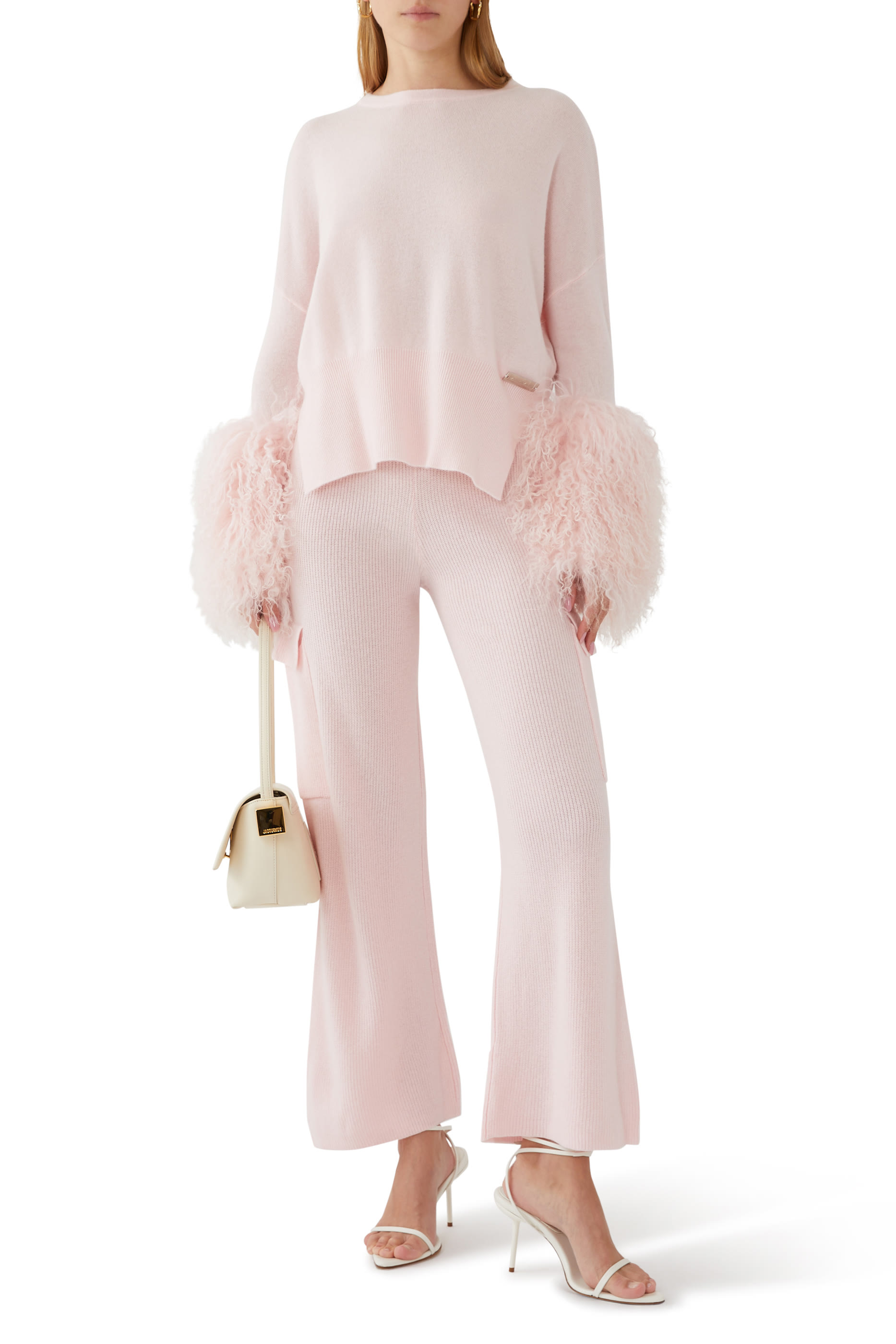 Round Neck Sweater with Shearling Cuff