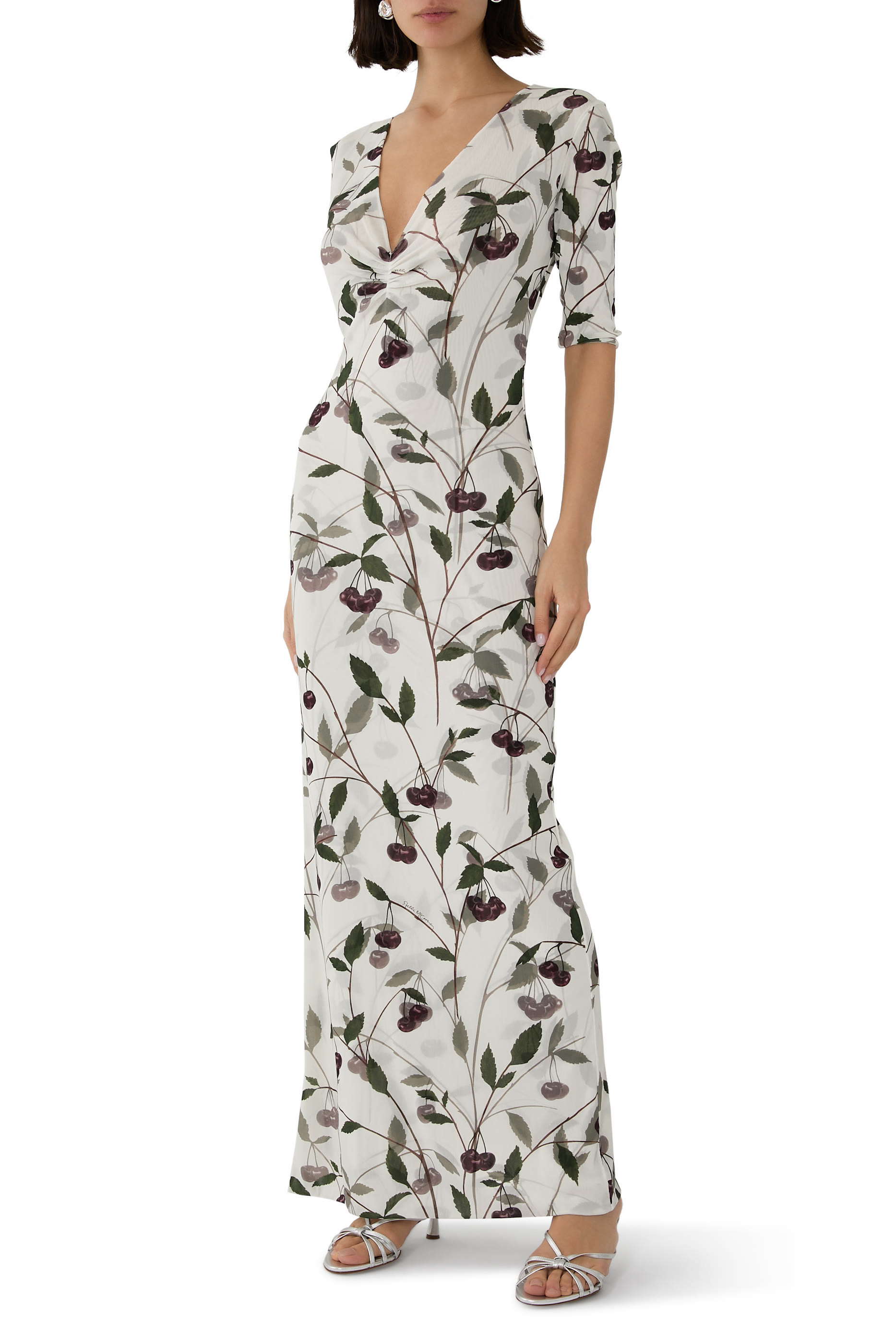 Cherry Print Mesh Half Sleeve Midi Dress