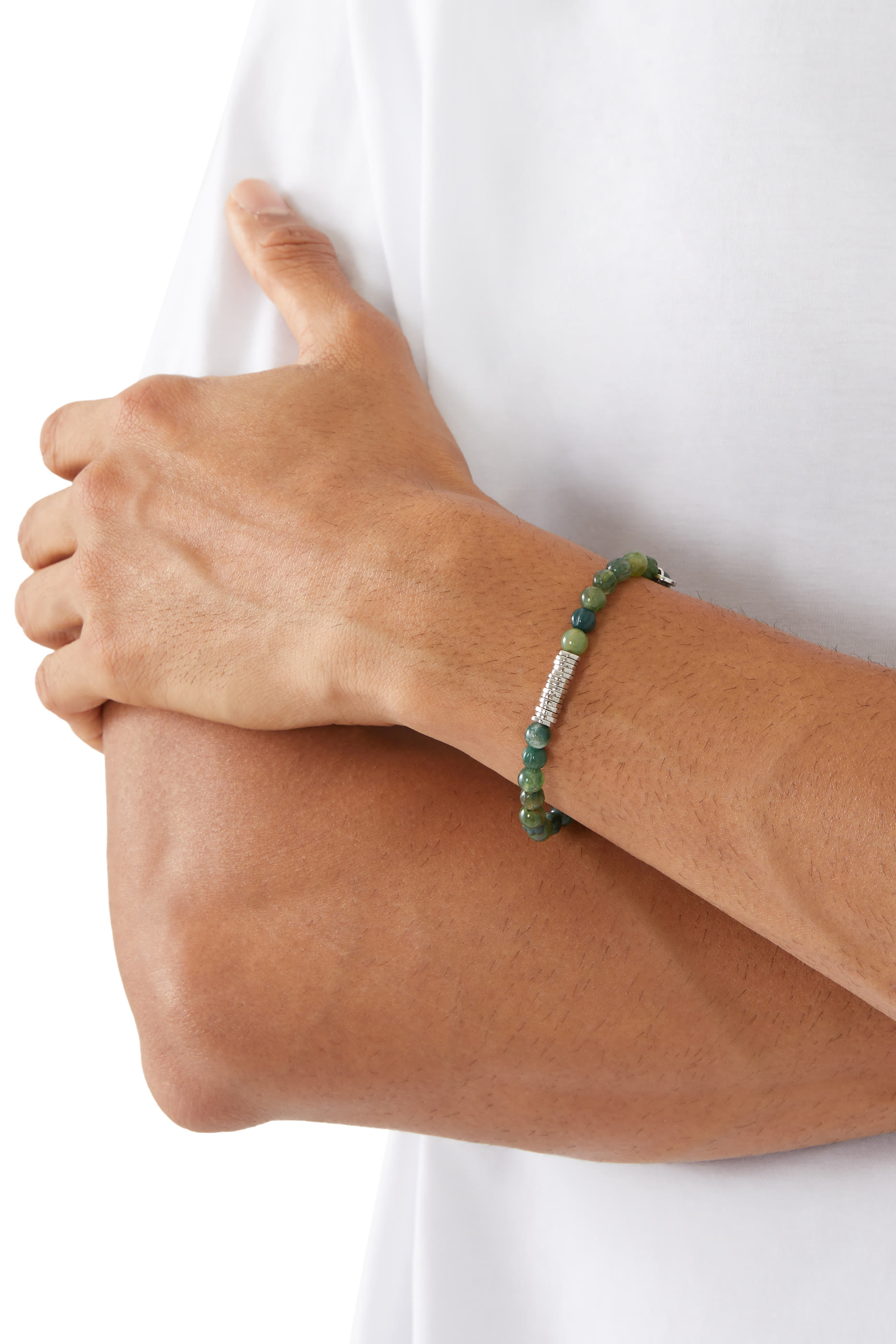 Classic Discs Beaded Bracelet, Rhodium-Plated Sterling Silver & Moss Agate