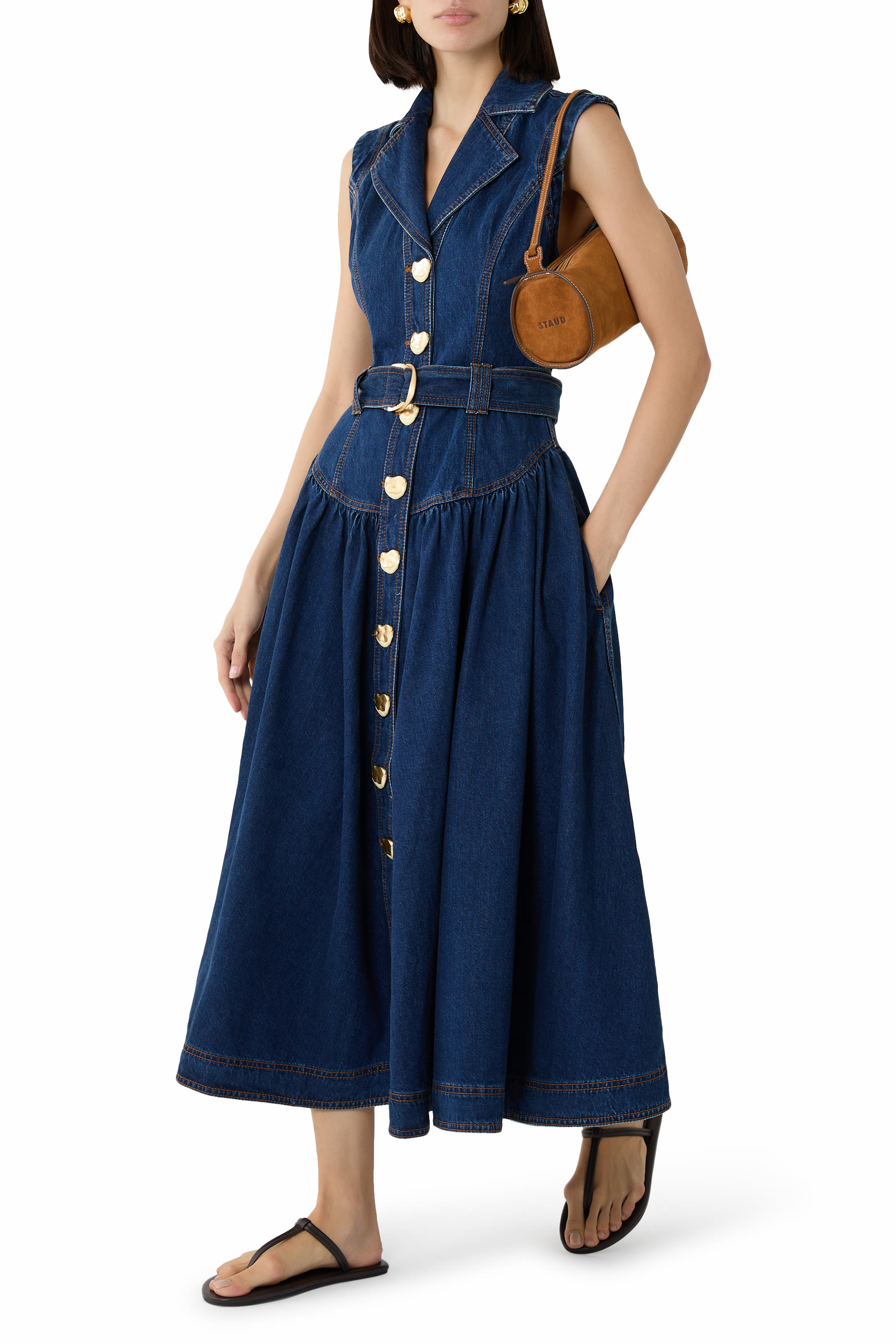 Elena Belted Denim Midi Dress