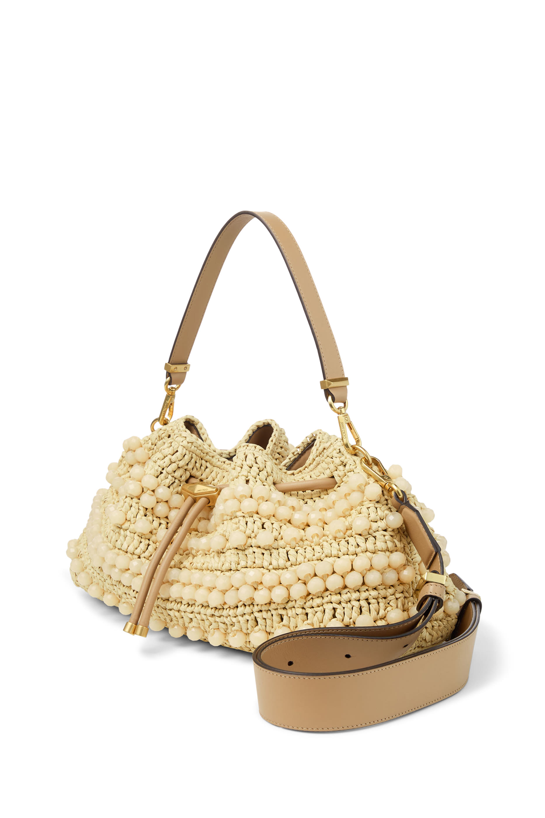 Cinch Beaded Raffia Bucket Bag