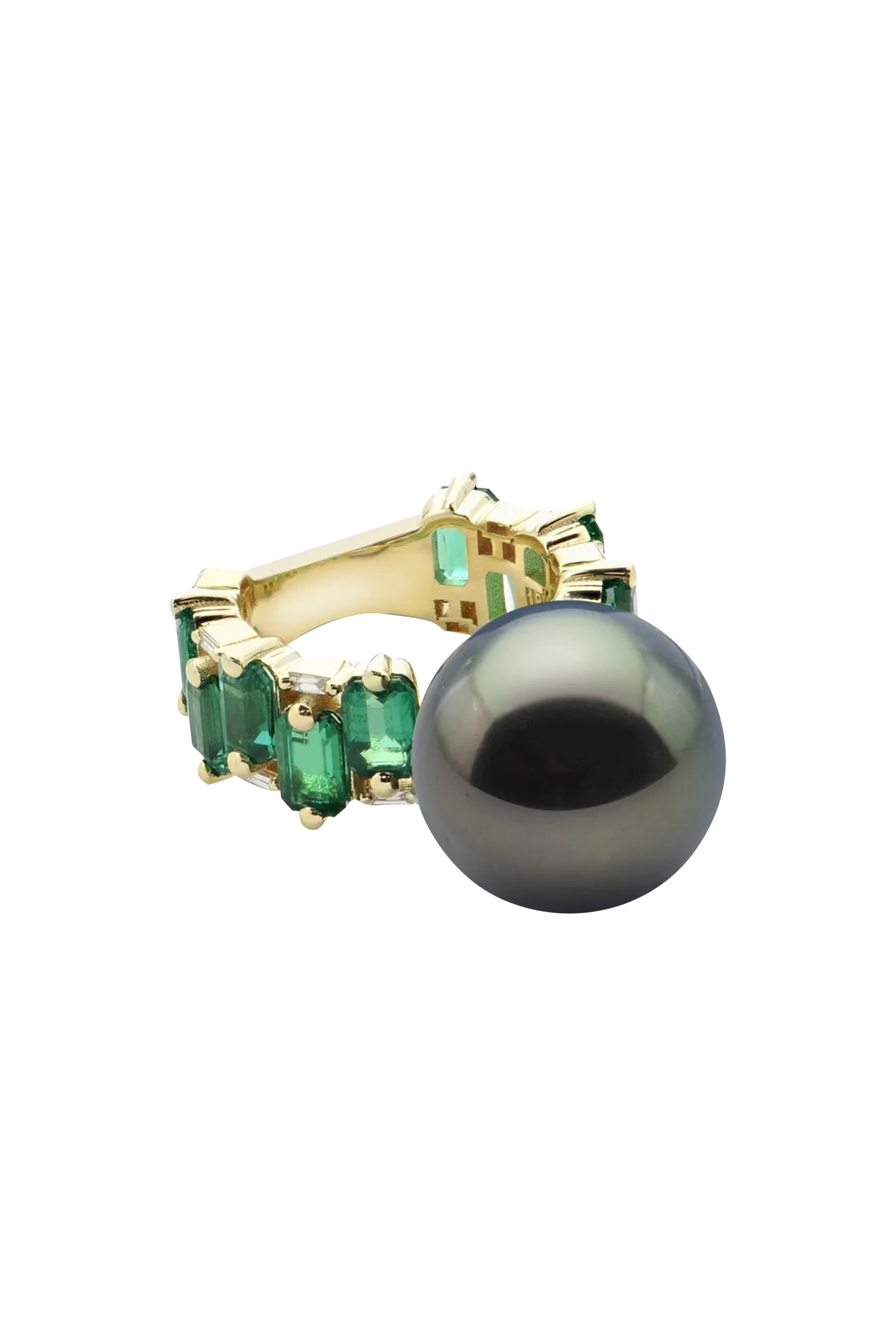 One of a Kind Ring, 18k Yellow Gold with Emeralds & Tahitian Pearl