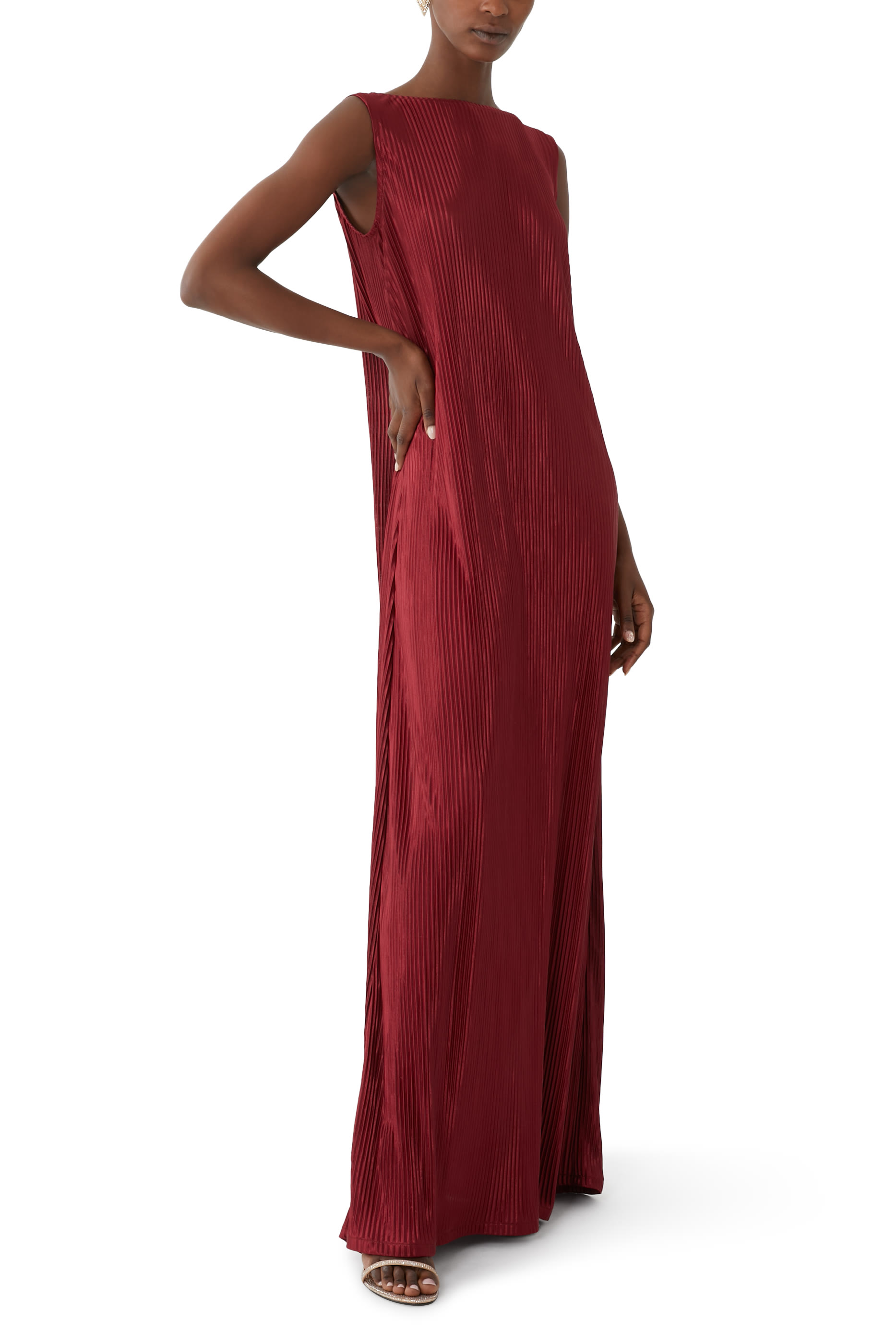 Crinkle Satin Bisht and Sleeveless Pleated Satin Dress Set