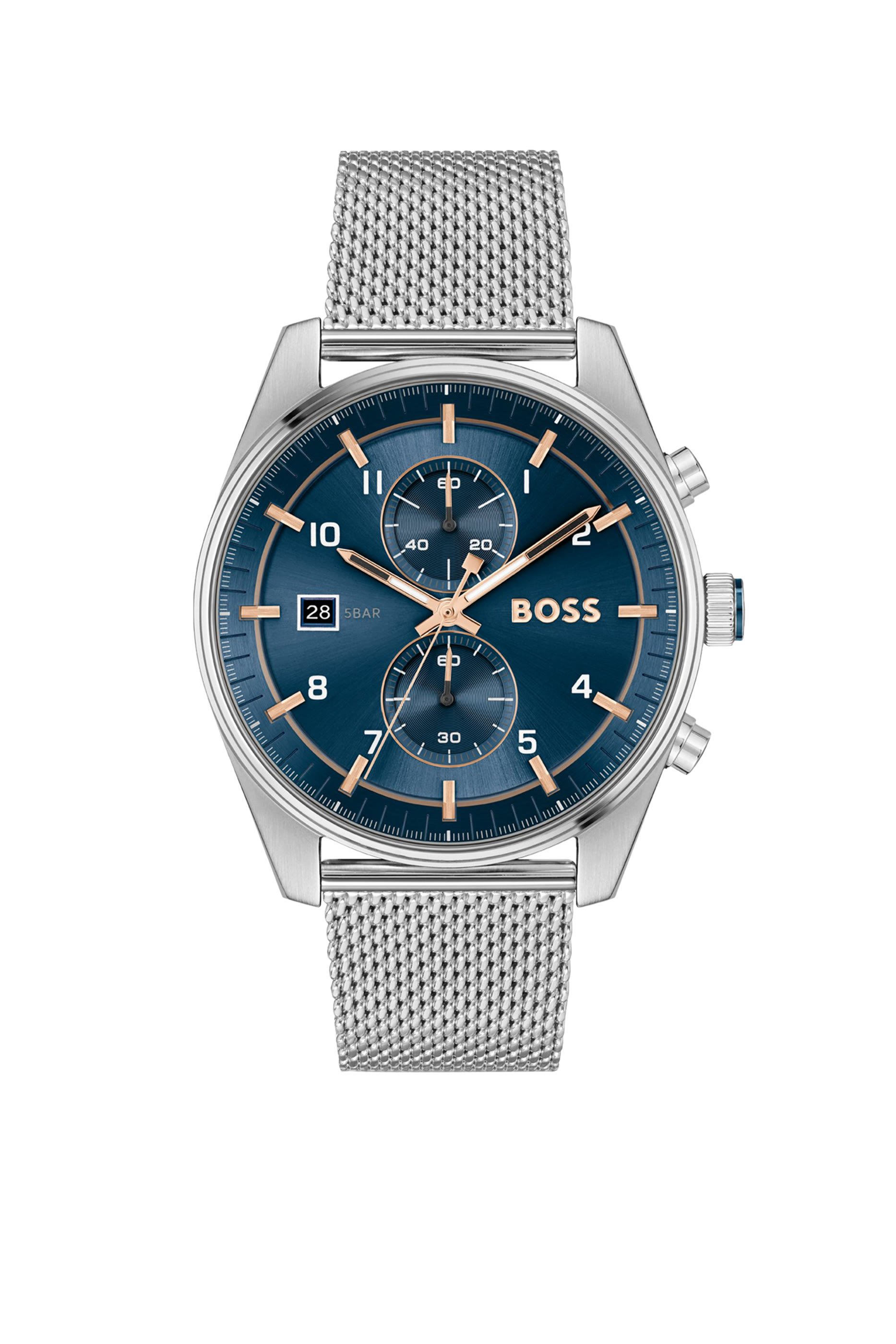 Mesh-Bracelet Chronograph Watch with Blue Dial