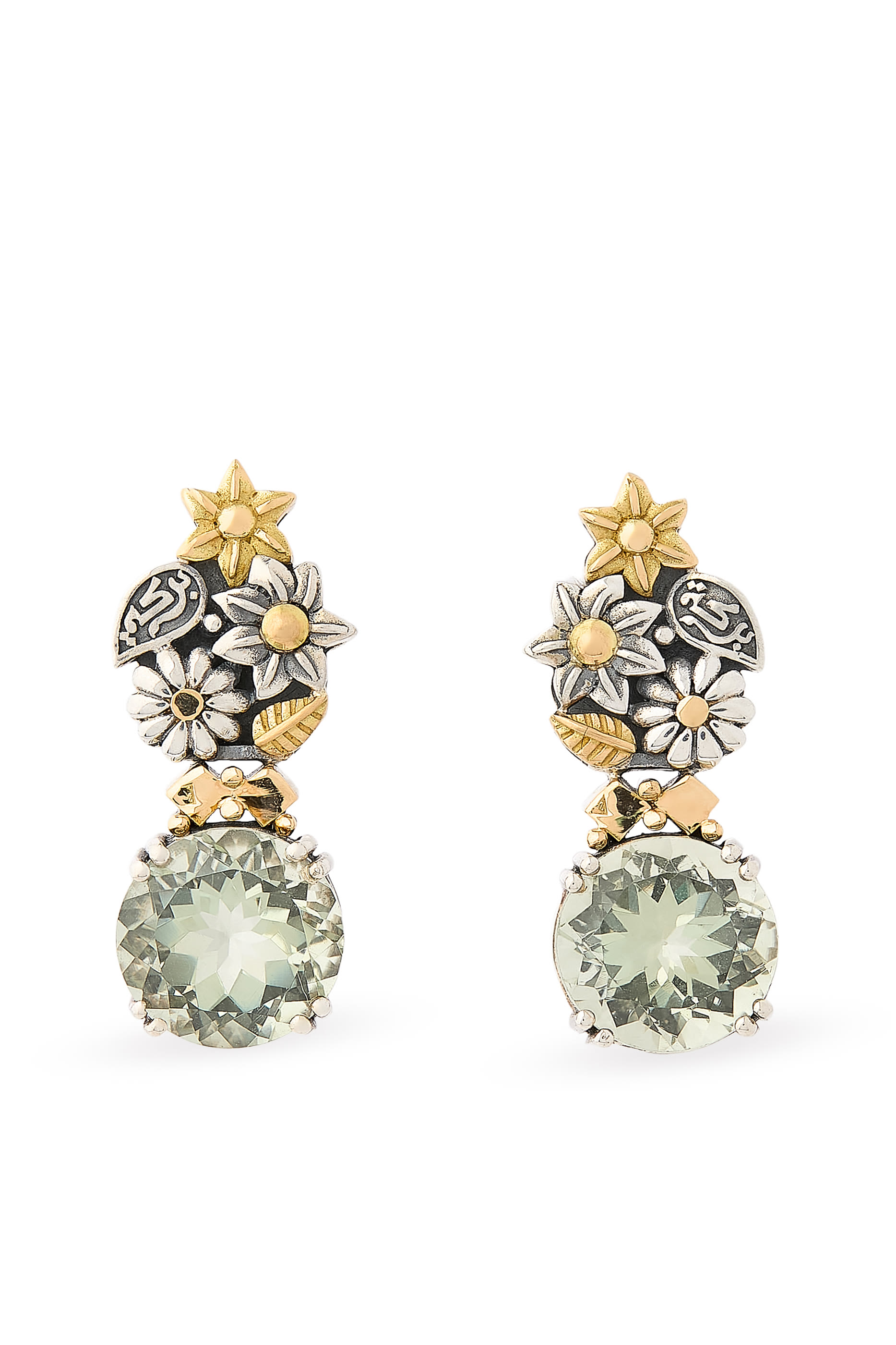  Bouquet of Blessings Earrings, 18K Yellow Gold with Sterling Silver & Green Amethyst