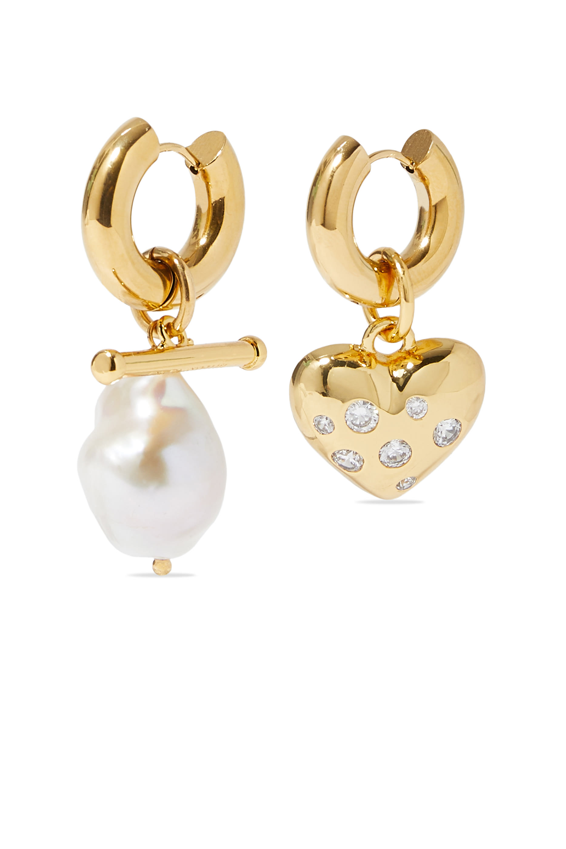 Heart and Pearl Earrings,  24k Gold-Plated Brass with Pearl & Crystals